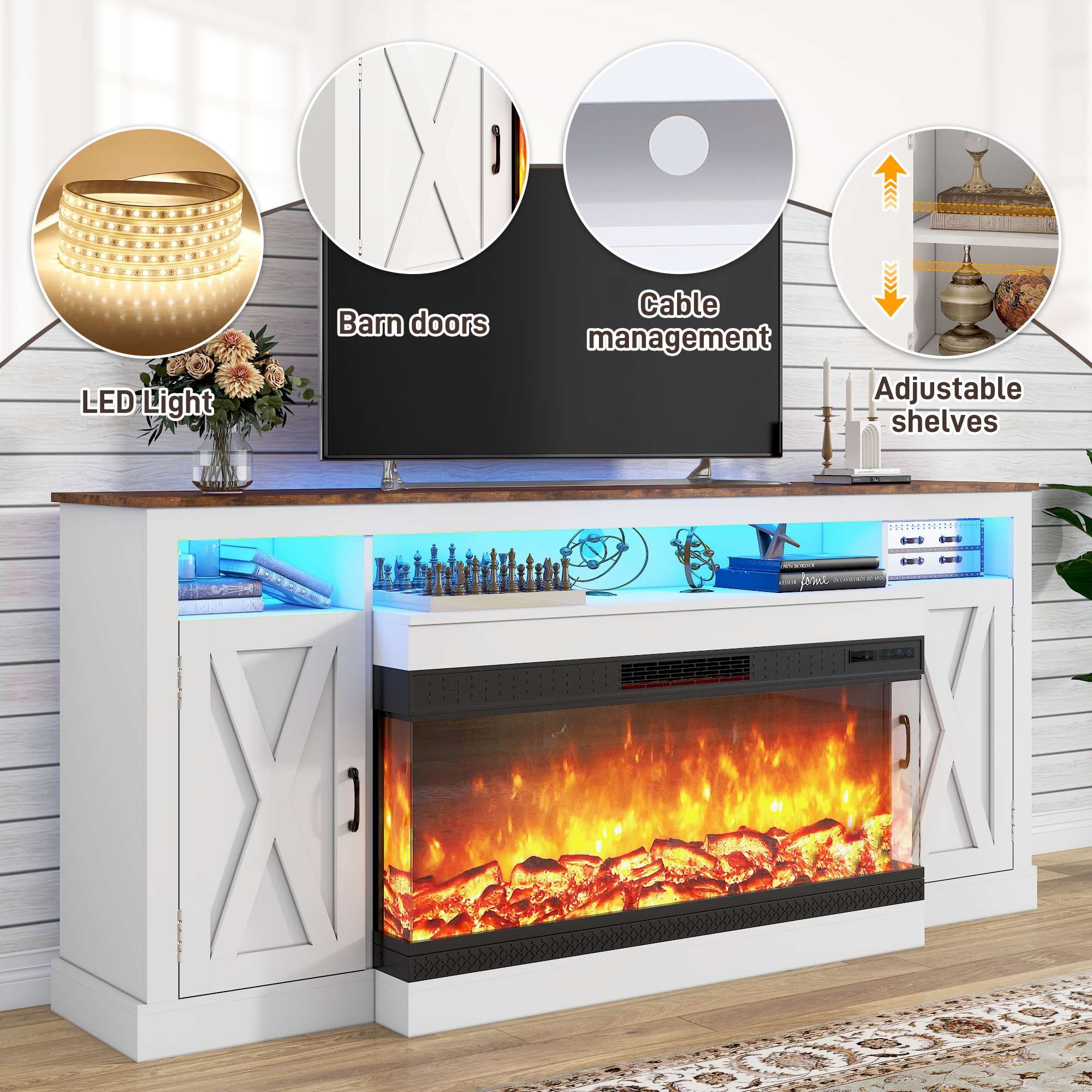 ChVans 3-Sided Glass Farmhouse 74" Fireplace TV Stand for TVs up to 85", Entertainment Center Console Table with 40" Electric Fireplace