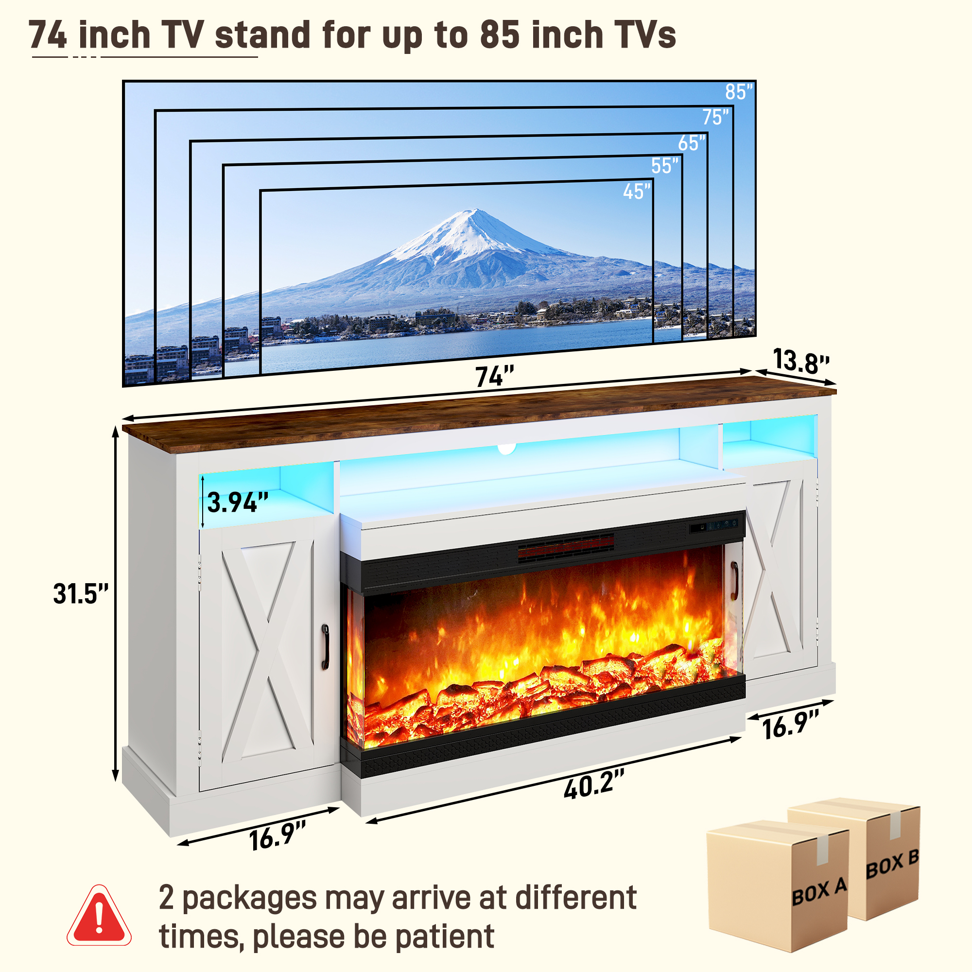 ChVans 3-Sided Glass Farmhouse 74" Fireplace TV Stand for TVs up to 85", Entertainment Center Console Table with 40" Electric Fireplace