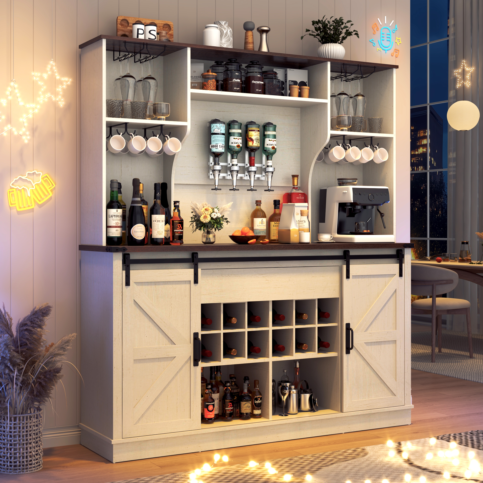 ChVans 71'' Farmhosue Bar Cabinet with Power Outlet&Sliding Barn Door, Large Rustic Coffee Bar Cabinet with Liquor Dispenser, Drawer, Wine Rack, Hook, Glass Holder, Coffee Bar Hutch for Kitchen