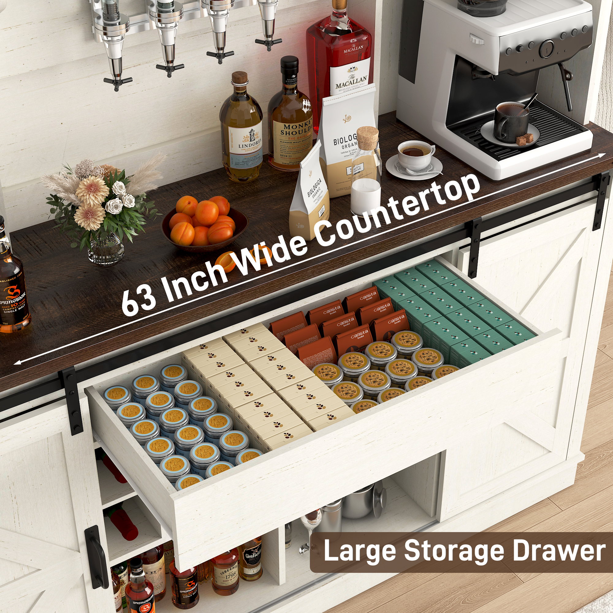 ChVans 71'' Farmhosue Bar Cabinet with Power Outlet&Sliding Barn Door, Large Rustic Coffee Bar Cabinet with Liquor Dispenser, Drawer, Wine Rack, Hook, Glass Holder, Coffee Bar Hutch for Kitchen