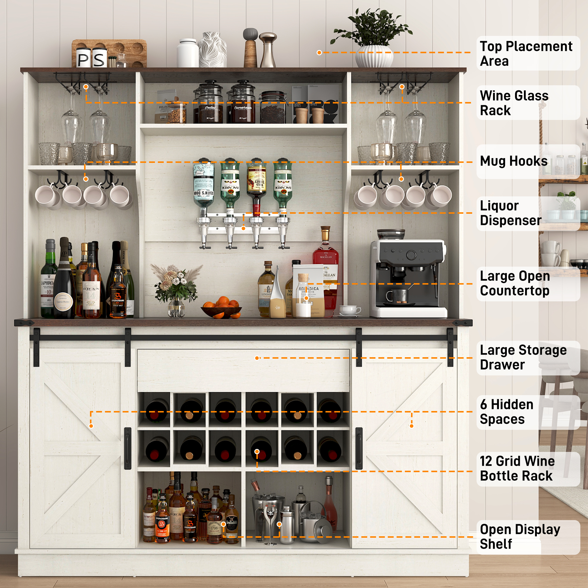 ChVans 71'' Farmhosue Bar Cabinet with Power Outlet&Sliding Barn Door, Large Rustic Coffee Bar Cabinet with Liquor Dispenser, Drawer, Wine Rack, Hook, Glass Holder, Coffee Bar Hutch for Kitchen