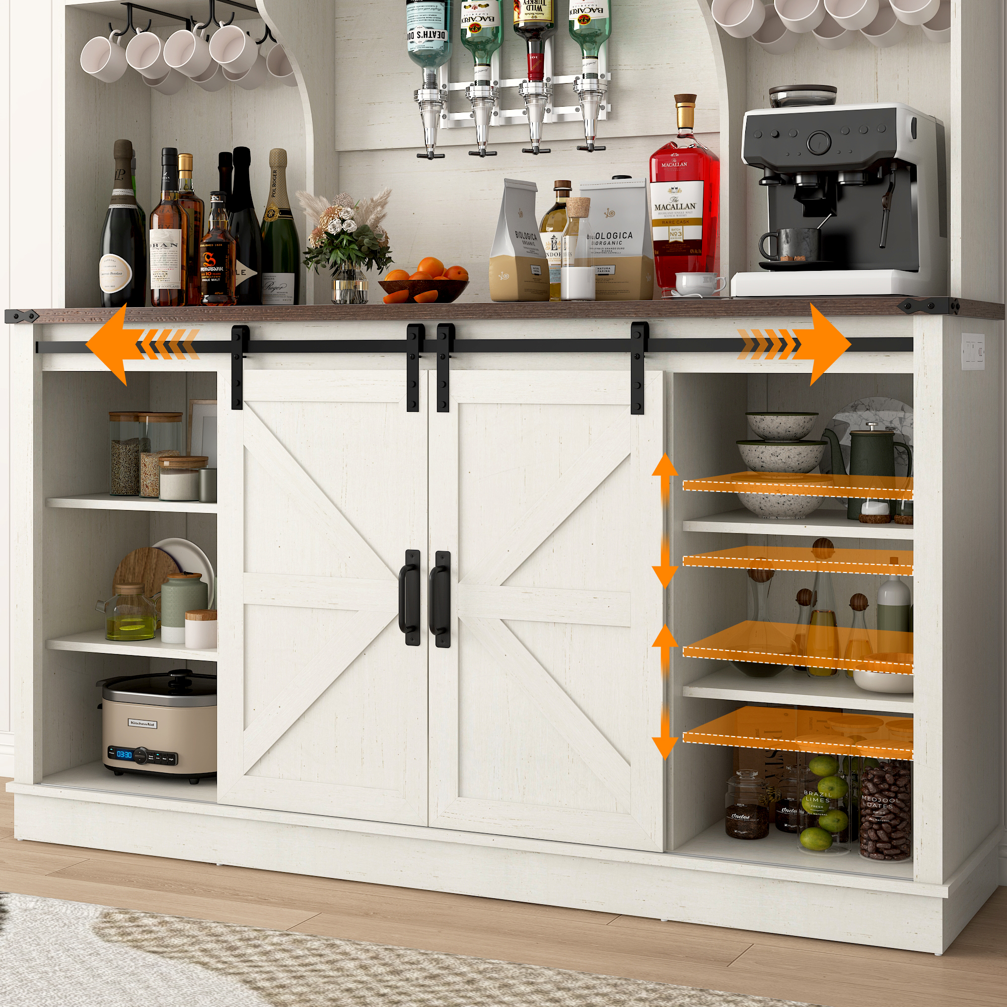 ChVans 71'' Farmhosue Bar Cabinet with Power Outlet&Sliding Barn Door, Large Rustic Coffee Bar Cabinet with Liquor Dispenser, Drawer, Wine Rack, Hook, Glass Holder, Coffee Bar Hutch for Kitchen