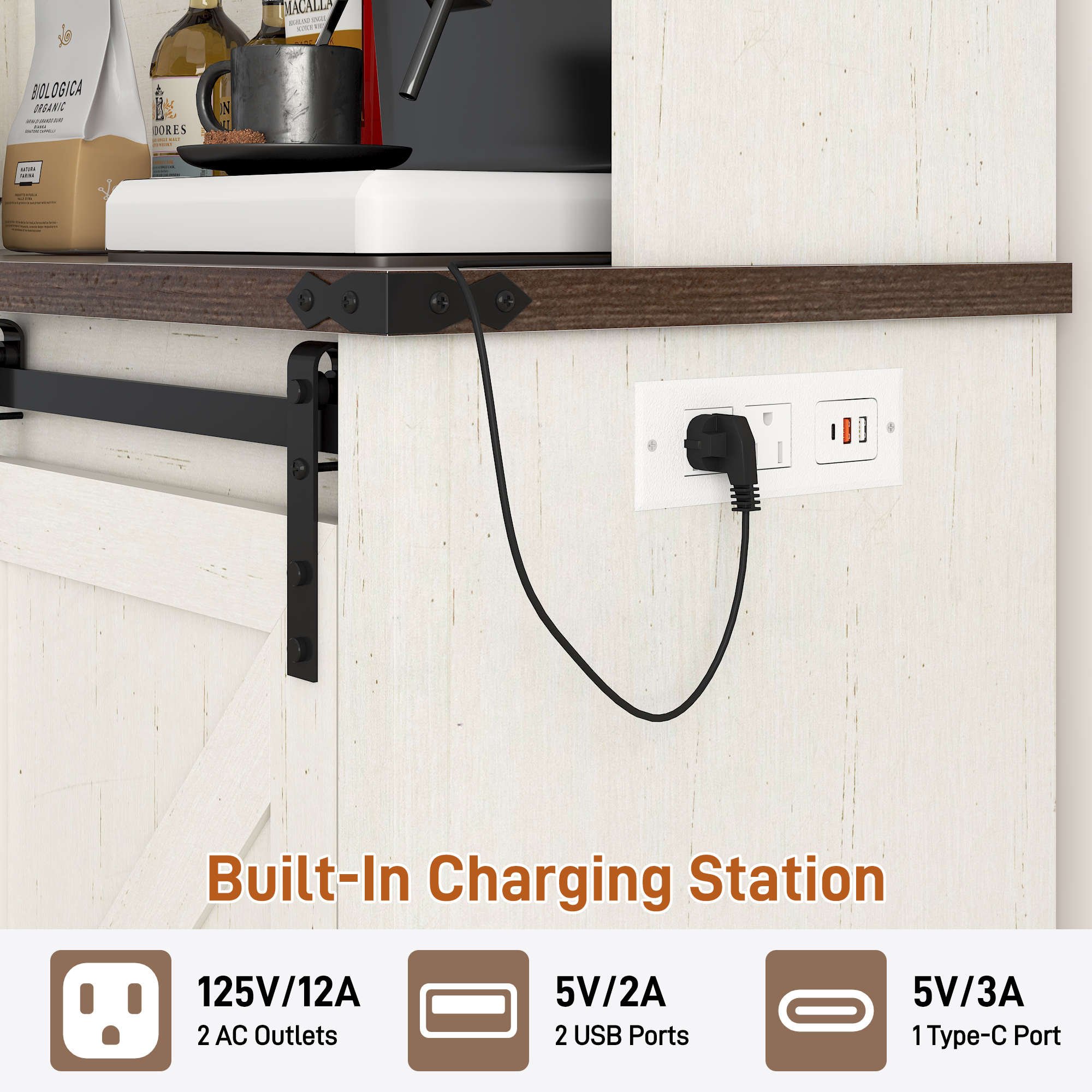 ChVans 71'' Farmhosue Bar Cabinet with Power Outlet&Sliding Barn Door, Large Rustic Coffee Bar Cabinet with Liquor Dispenser, Drawer, Wine Rack, Hook, Glass Holder, Coffee Bar Hutch for Kitchen