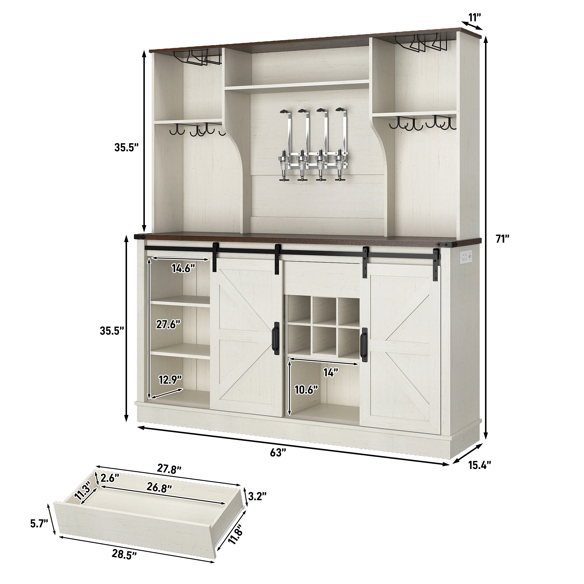 ChVans 71'' Farmhosue Bar Cabinet with Power Outlet&Sliding Barn Door, Large Rustic Coffee Bar Cabinet with Liquor Dispenser, Drawer, Wine Rack, Hook, Glass Holder, Coffee Bar Hutch for Kitchen