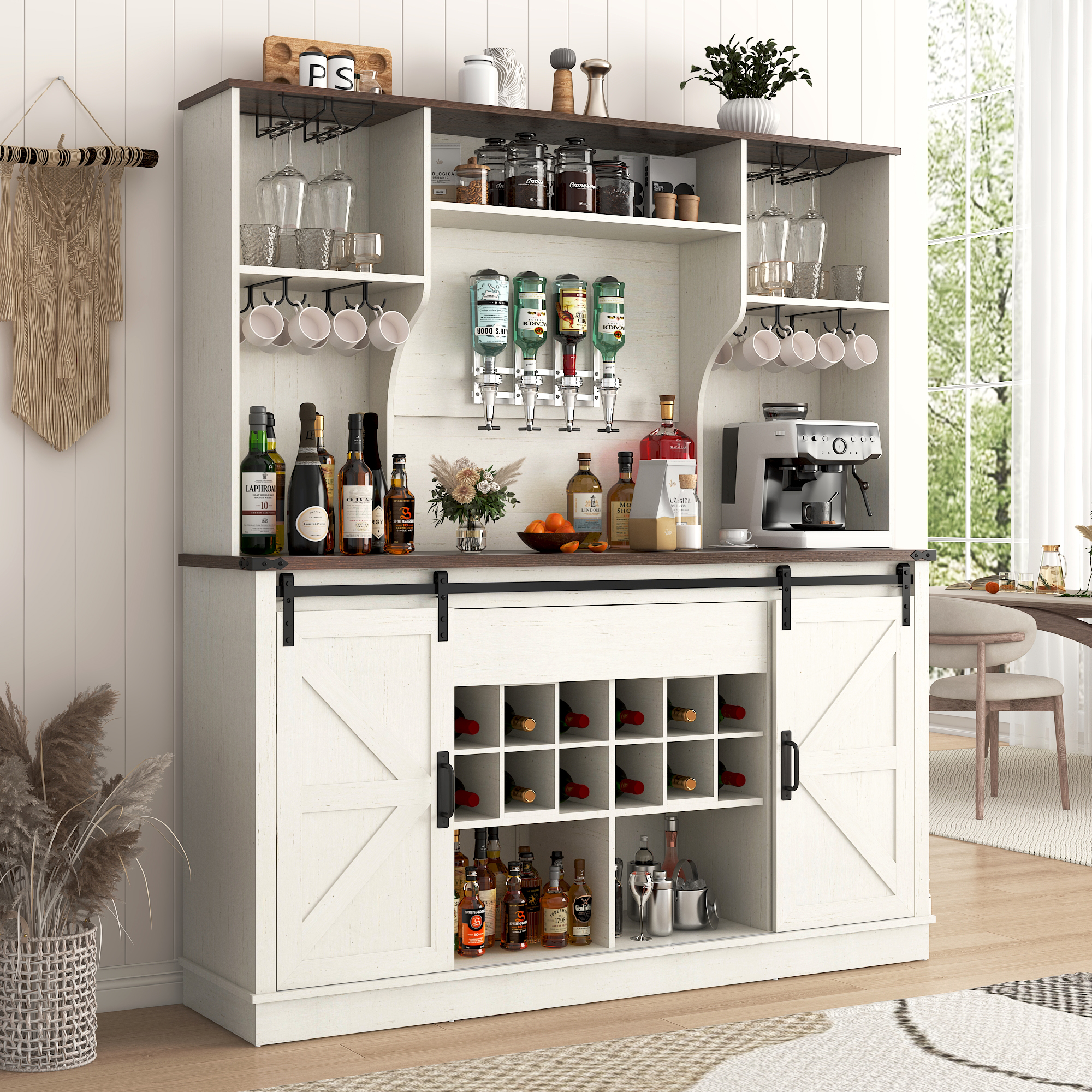 ChVans 71'' Farmhosue Bar Cabinet with Power Outlet&Sliding Barn Door, Large Rustic Coffee Bar Cabinet with Liquor Dispenser, Drawer, Wine Rack, Hook, Glass Holder, Coffee Bar Hutch for Kitchen