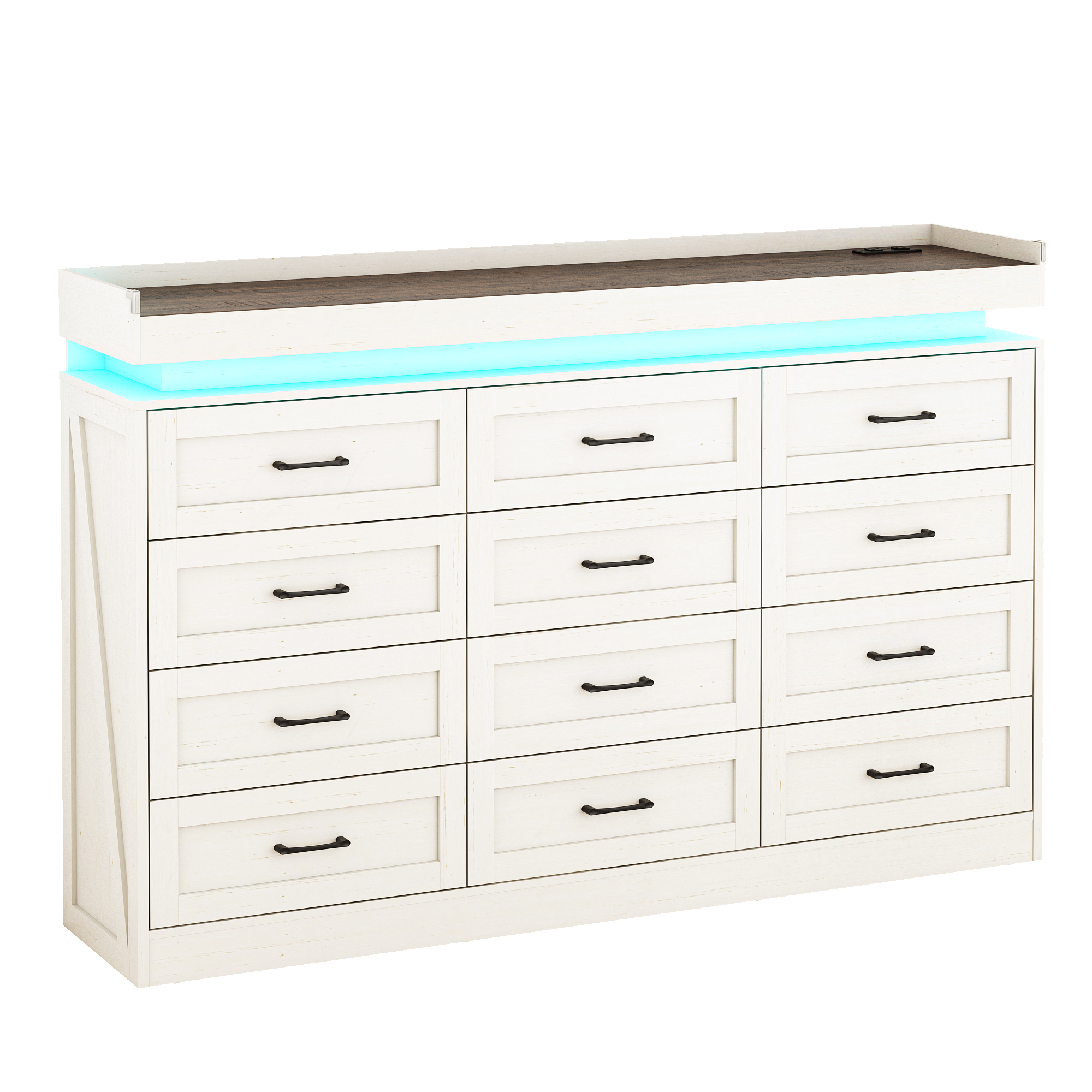 ChVans 12 Drawer Dresser with LED Light and Charging Station, Farmhouse Large Chest of Drawers for Closet, Wide Drawer Organizer Cabinet for Bedroom, Living Room