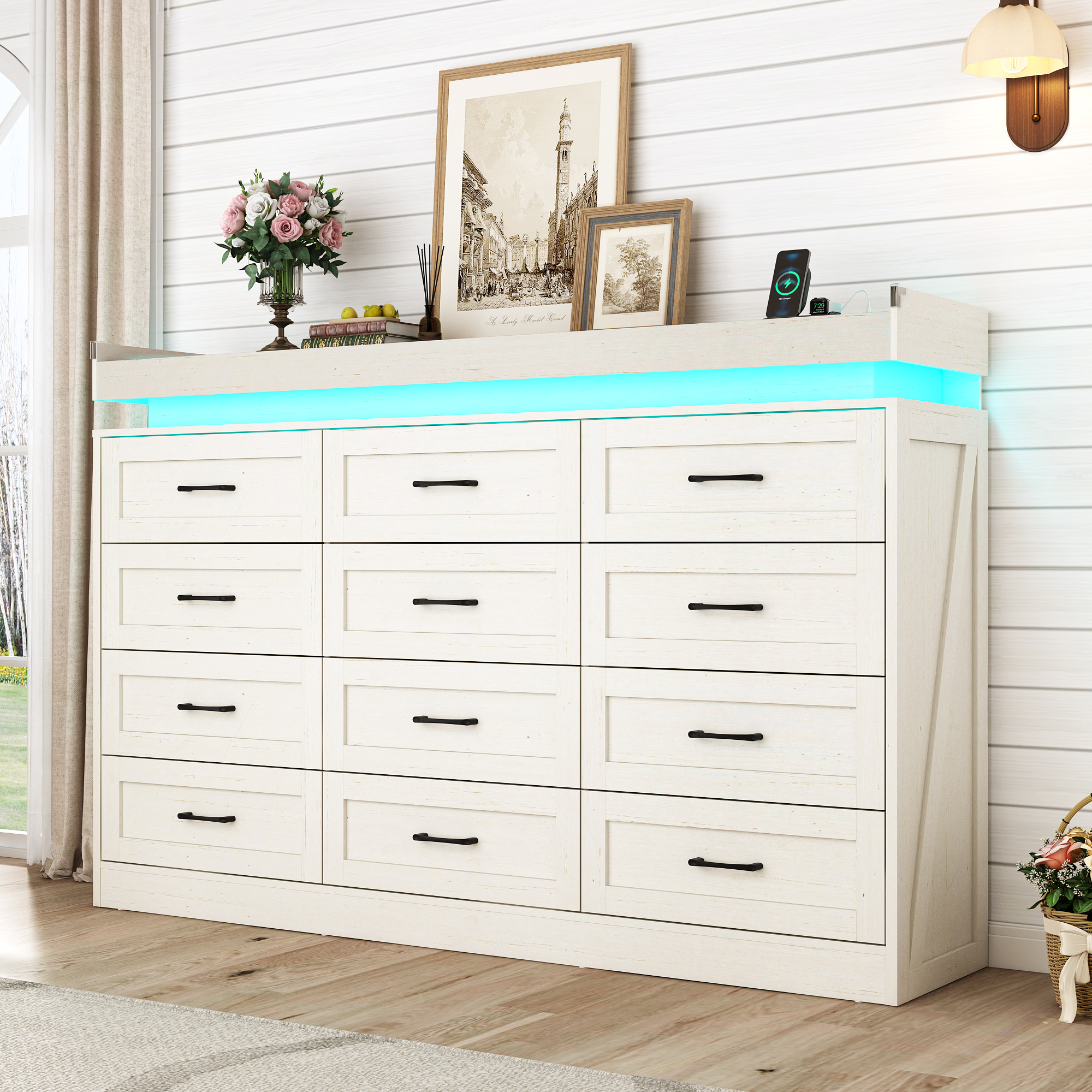ChVans 12 Drawer Dresser with LED Light and Charging Station, Farmhouse Large Chest of Drawers for Closet, Wide Drawer Organizer Cabinet for Bedroom, Living Room