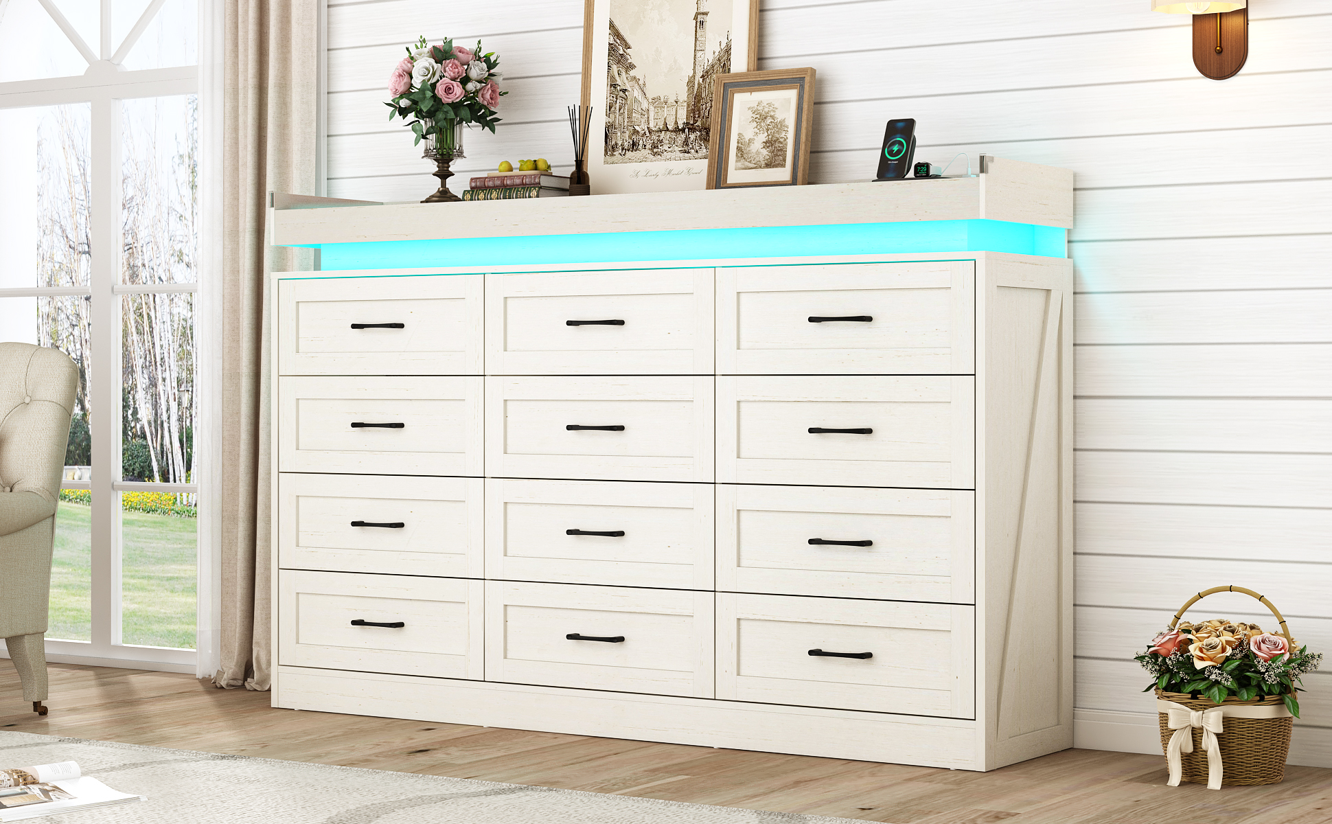 ChVans 12 Drawer Dresser with LED Light and Charging Station, Farmhouse Large Chest of Drawers for Closet, Wide Drawer Organizer Cabinet for Bedroom, Living Room
