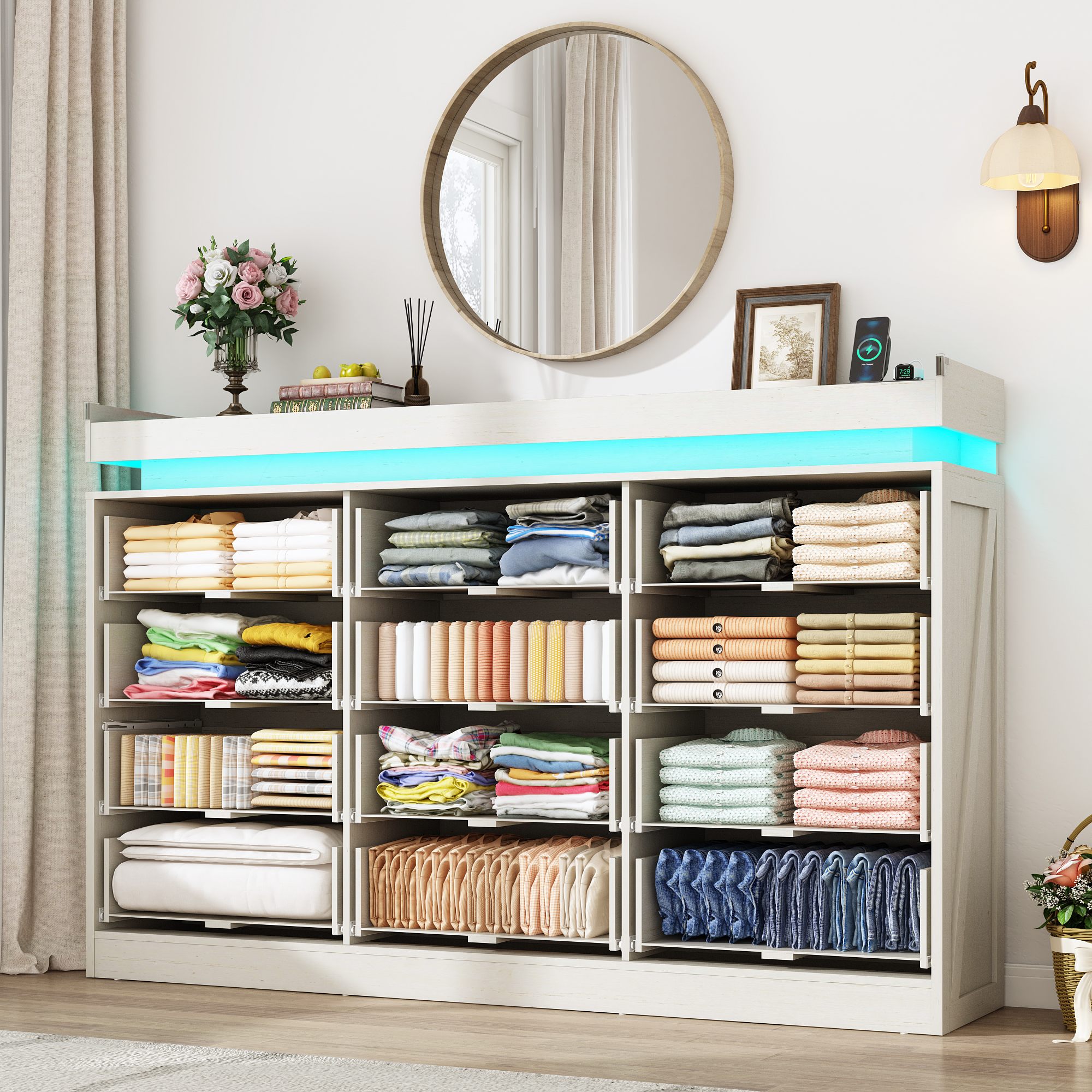 ChVans 12 Drawer Dresser with LED Light and Charging Station, Farmhouse Large Chest of Drawers for Closet, Wide Drawer Organizer Cabinet for Bedroom, Living Room