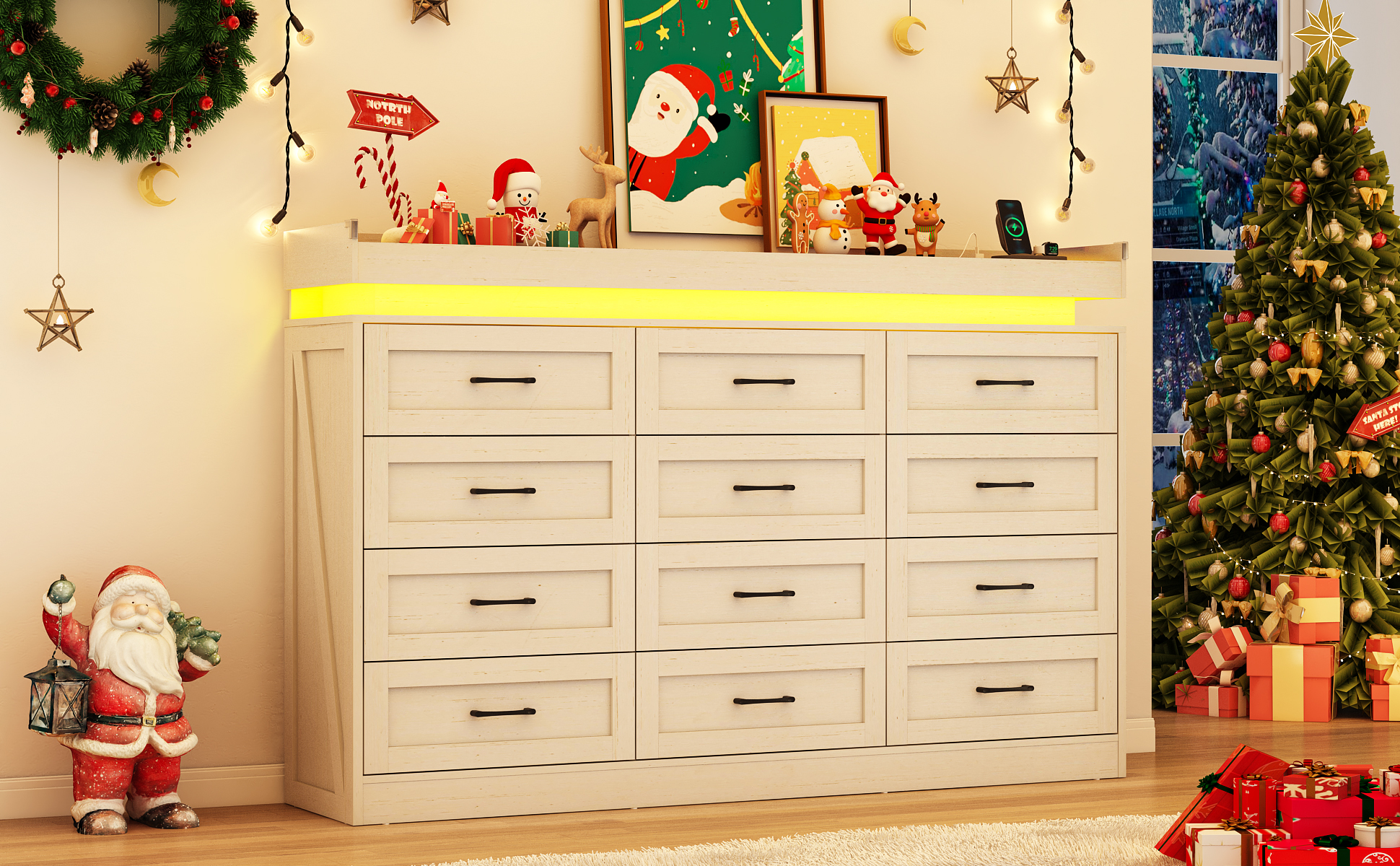 ChVans 12 Drawer Dresser with LED Light and Charging Station, Farmhouse Large Chest of Drawers for Closet, Wide Drawer Organizer Cabinet for Bedroom, Living Room