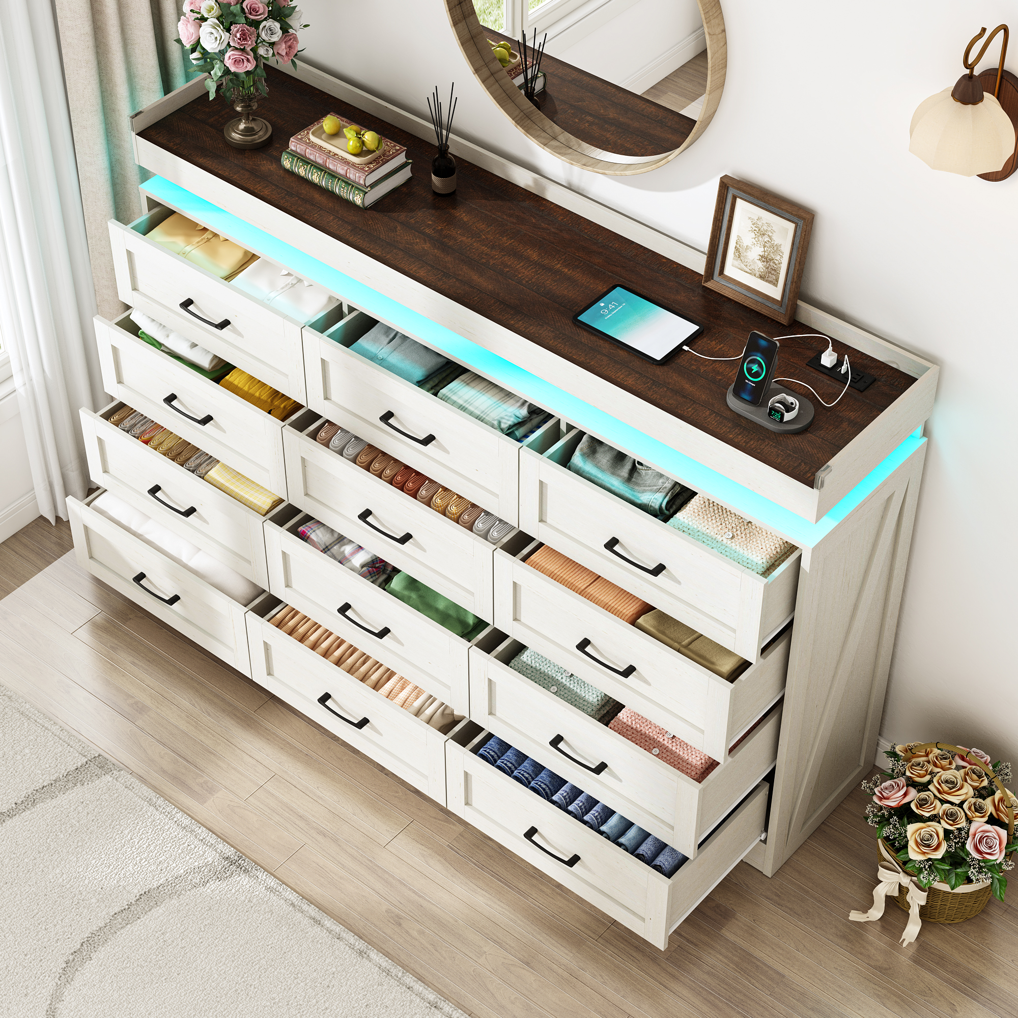 ChVans 12 Drawer Dresser with LED Light and Charging Station, Farmhouse Large Chest of Drawers for Closet, Wide Drawer Organizer Cabinet for Bedroom, Living Room