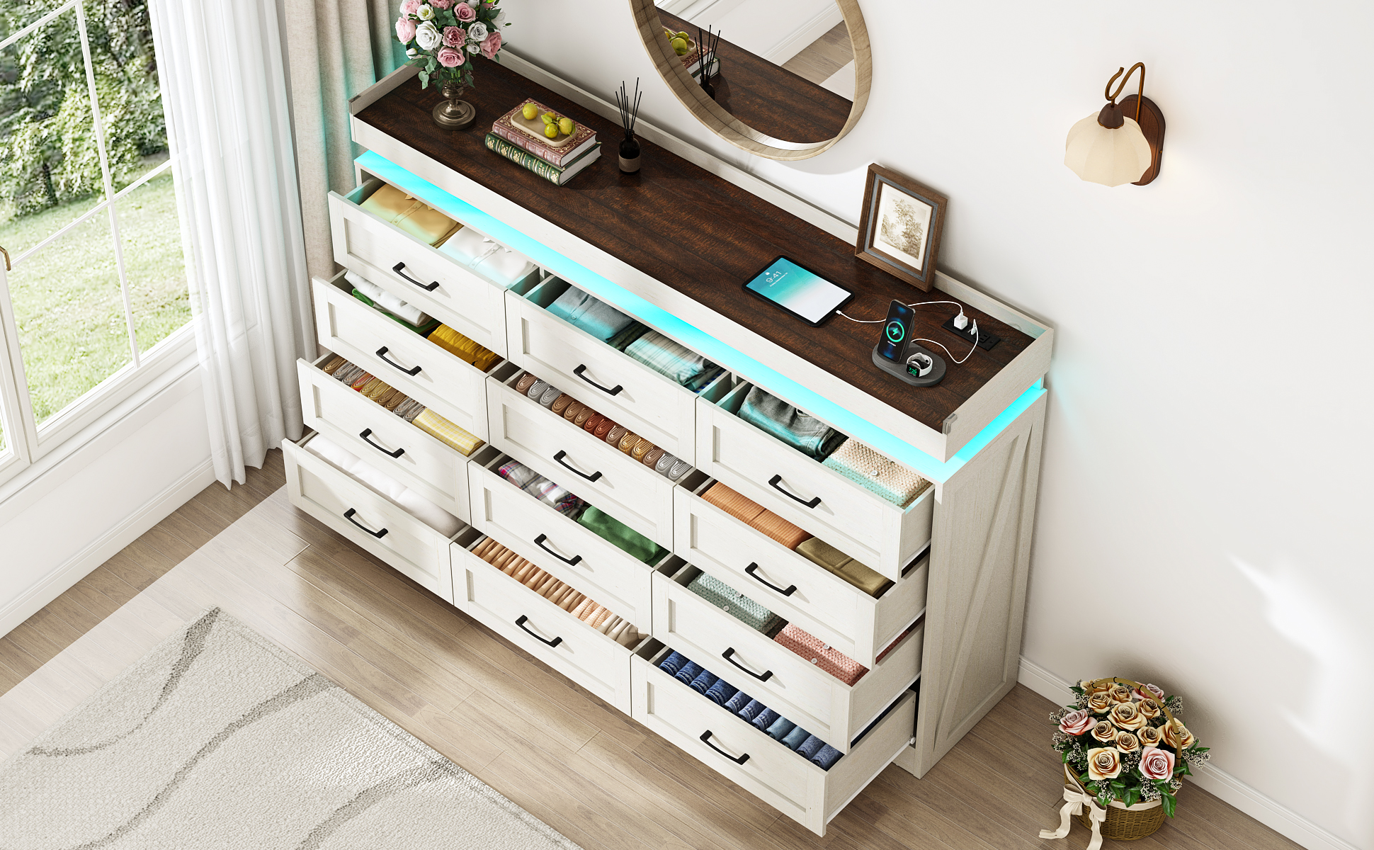 ChVans 12 Drawer Dresser with LED Light and Charging Station, Farmhouse Large Chest of Drawers for Closet, Wide Drawer Organizer Cabinet for Bedroom, Living Room