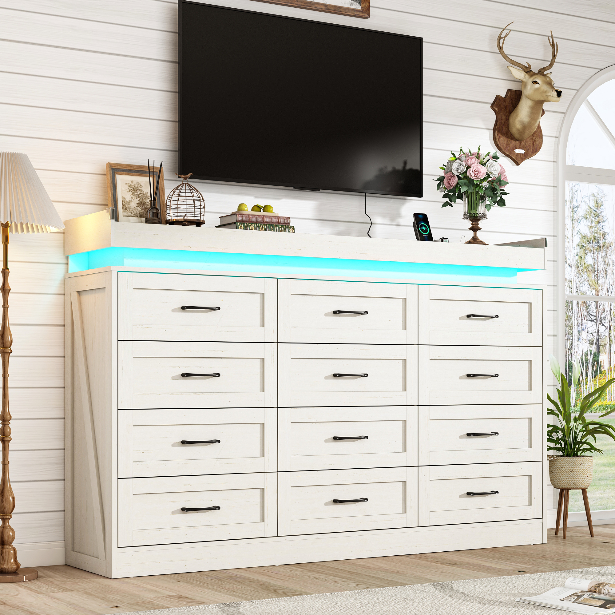 ChVans 12 Drawer Dresser with LED Light and Charging Station, Farmhouse Large Chest of Drawers for Closet, Wide Drawer Organizer Cabinet for Bedroom, Living Room