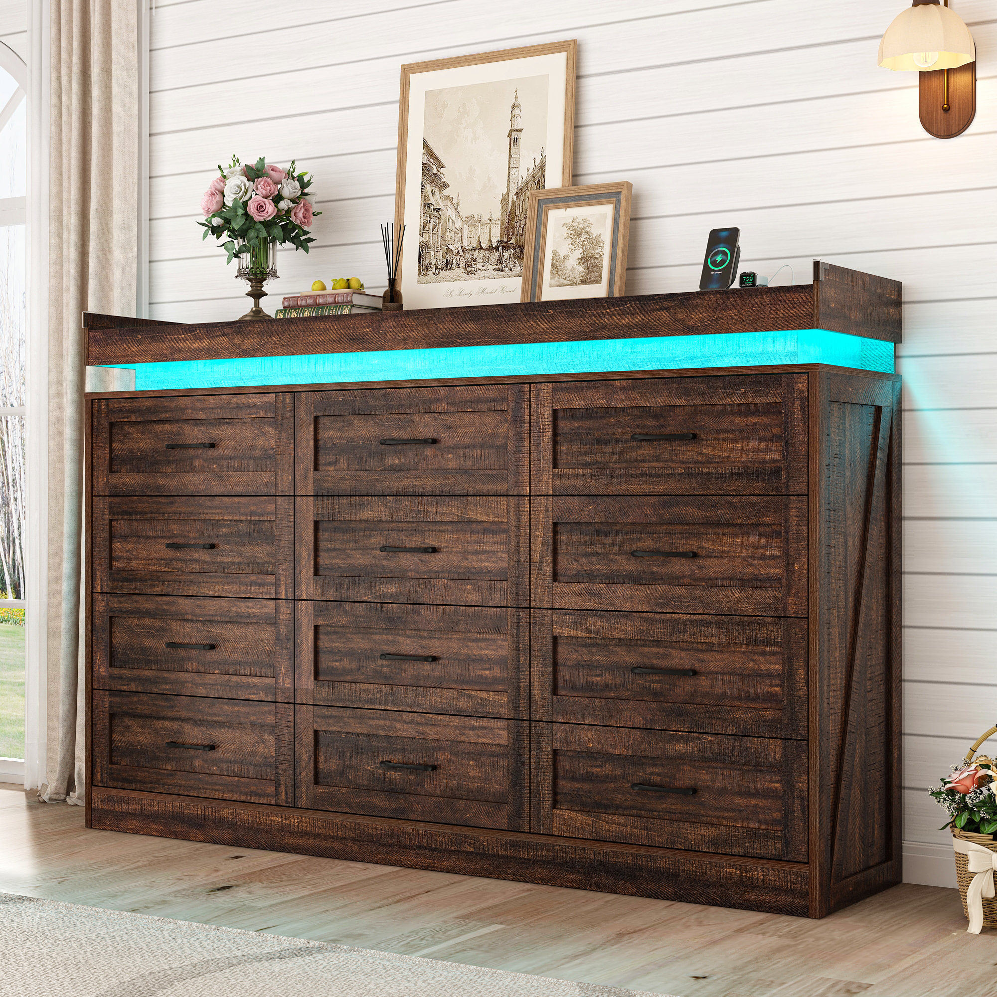 ChVans 12 Drawer Dresser with LED Light and Charging Station, Farmhouse Large Chest of Drawers for Closet, Wide Drawer Organizer Cabinet for Bedroom, Living Room