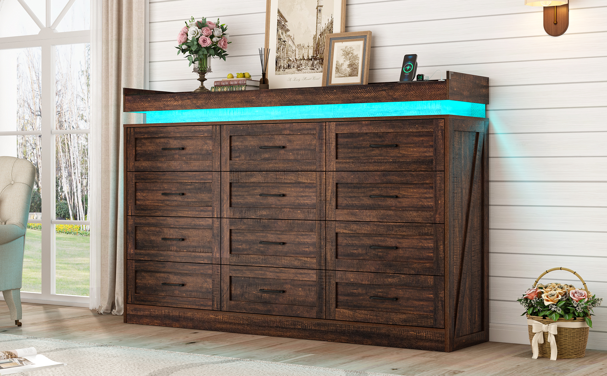 ChVans 12 Drawer Dresser with LED Light and Charging Station, Farmhouse Large Chest of Drawers for Closet, Wide Drawer Organizer Cabinet for Bedroom, Living Room