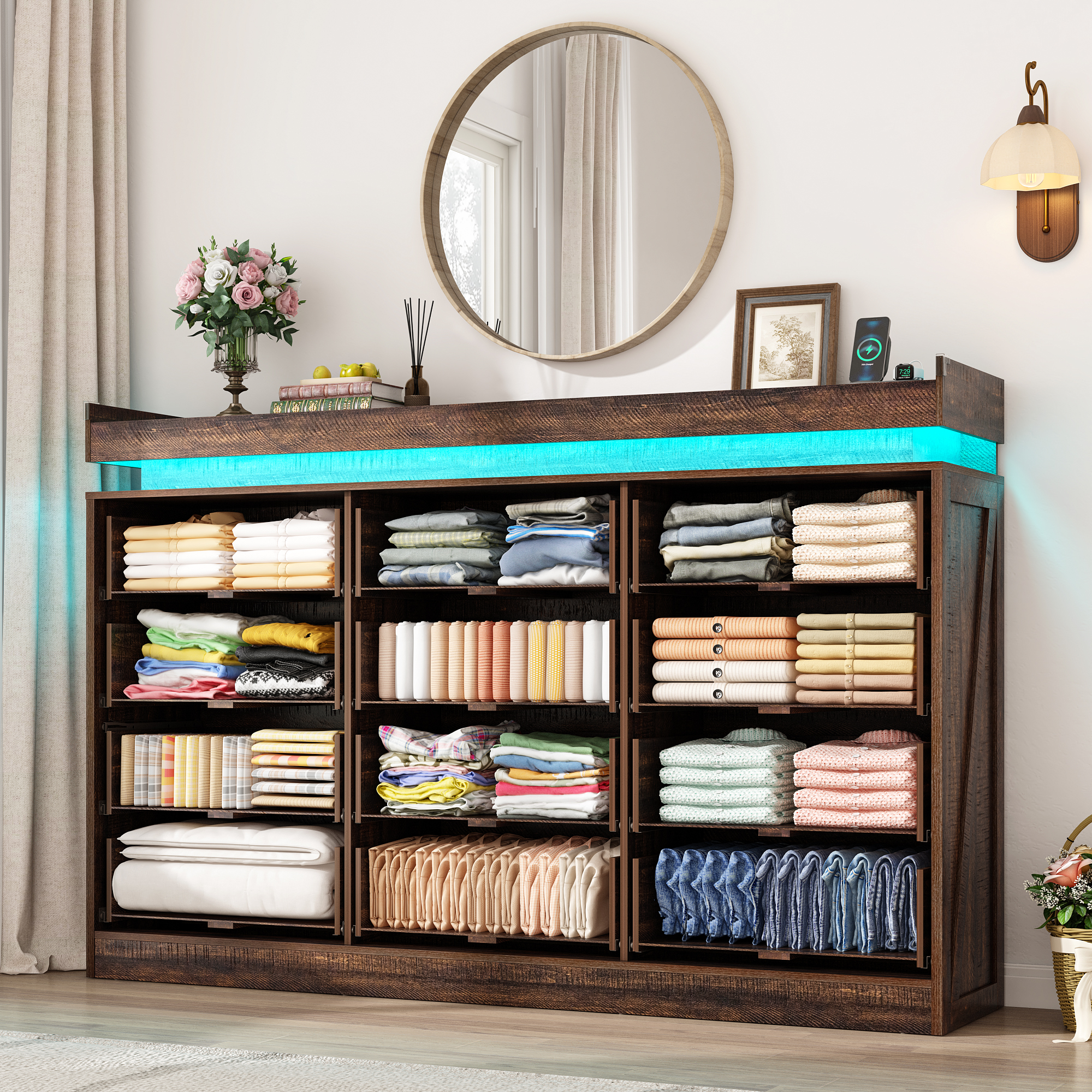 ChVans 12 Drawer Dresser with LED Light and Charging Station, Farmhouse Large Chest of Drawers for Closet, Wide Drawer Organizer Cabinet for Bedroom, Living Room