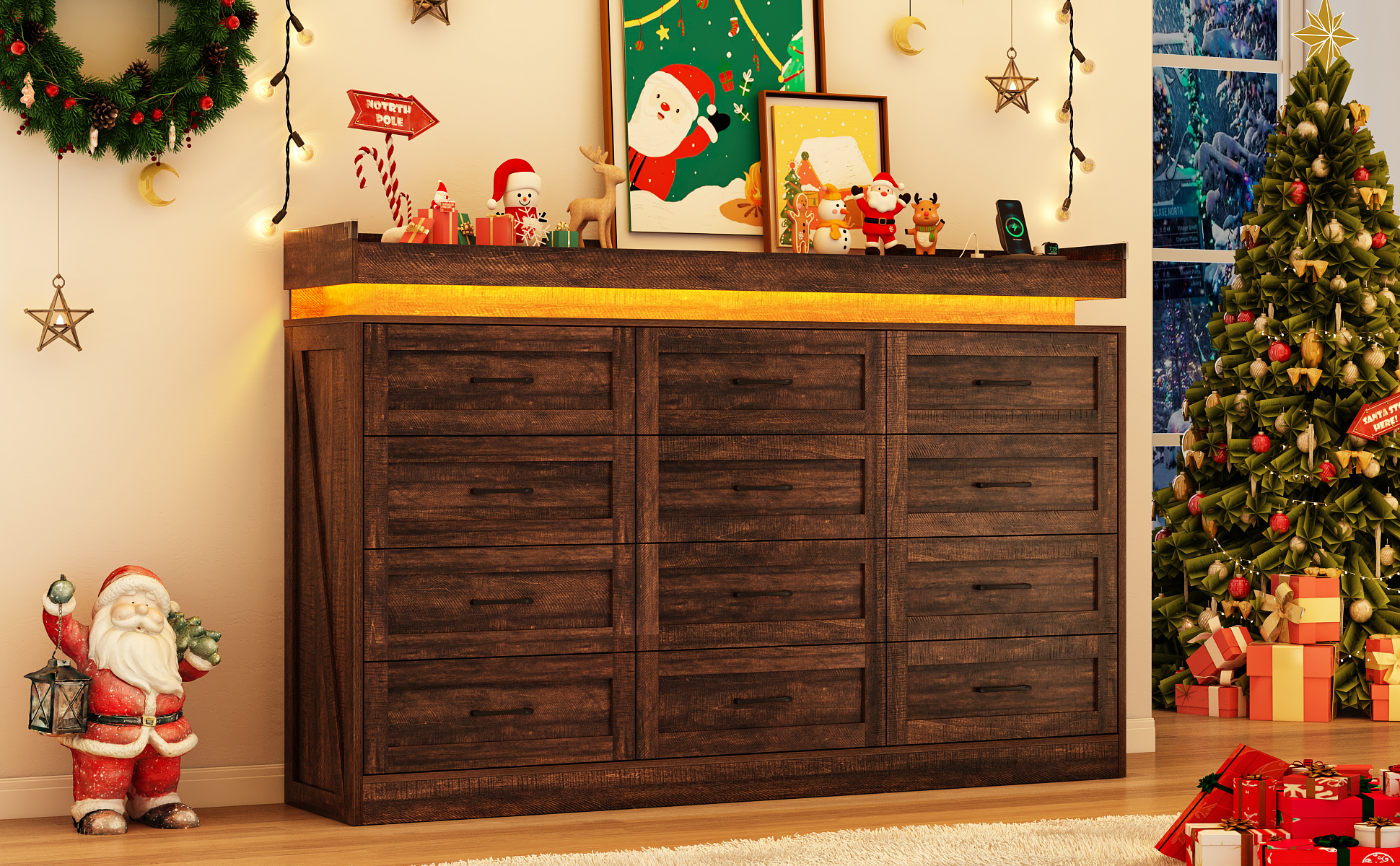 ChVans 12 Drawer Dresser with LED Light and Charging Station, Farmhouse Large Chest of Drawers for Closet, Wide Drawer Organizer Cabinet for Bedroom, Living Room