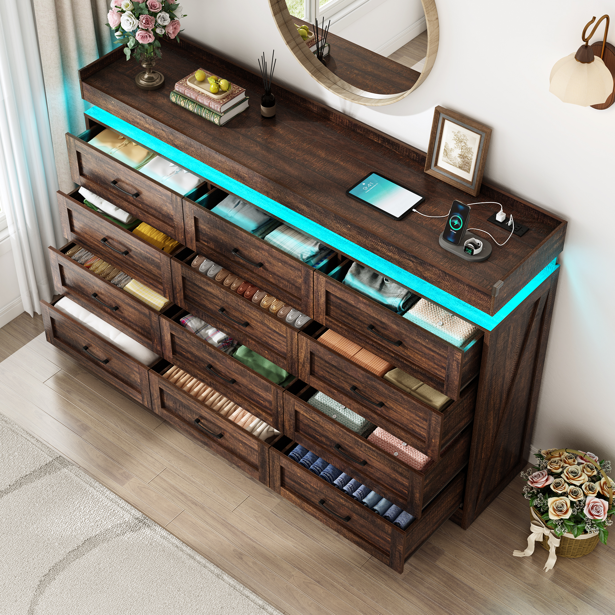 ChVans 12 Drawer Dresser with LED Light and Charging Station, Farmhouse Large Chest of Drawers for Closet, Wide Drawer Organizer Cabinet for Bedroom, Living Room