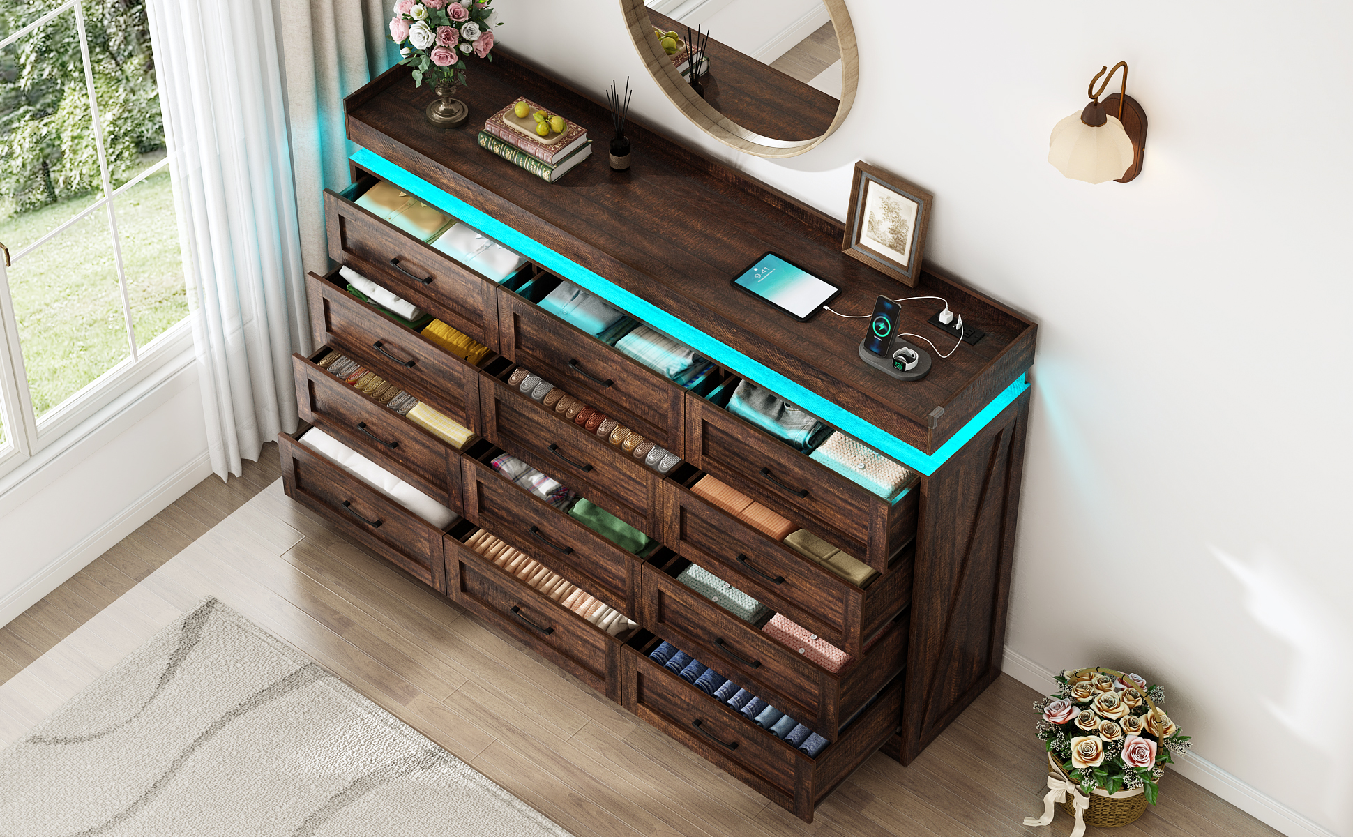 ChVans 12 Drawer Dresser with LED Light and Charging Station, Farmhouse Large Chest of Drawers for Closet, Wide Drawer Organizer Cabinet for Bedroom, Living Room