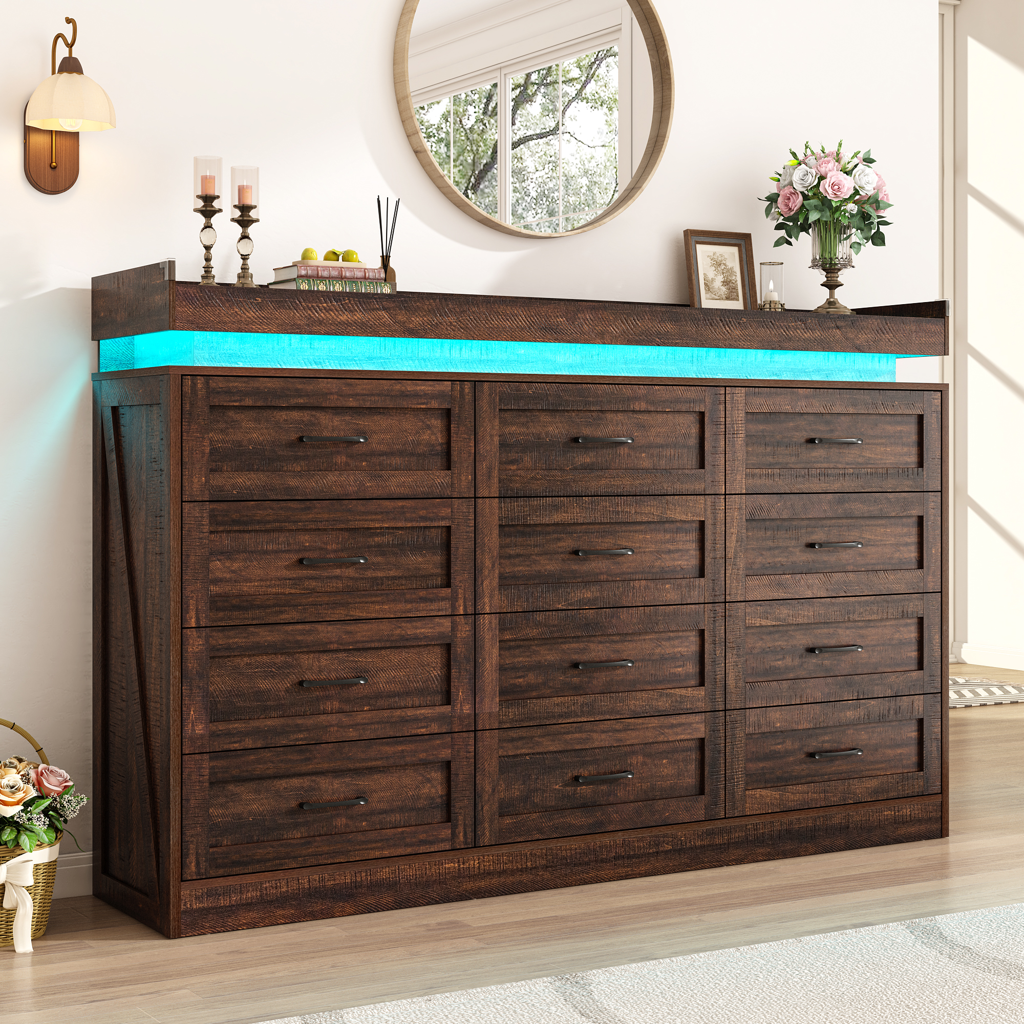 ChVans 12 Drawer Dresser with LED Light and Charging Station, Farmhouse Large Chest of Drawers for Closet, Wide Drawer Organizer Cabinet for Bedroom, Living Room