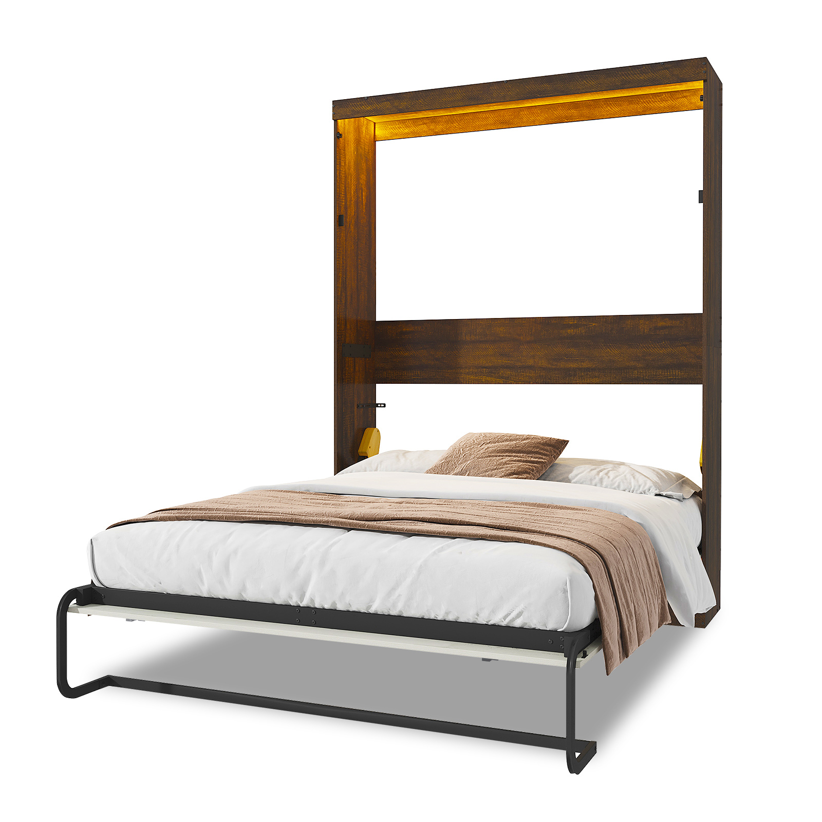 ANPOO Full Size Murphy Bed with 2 LED Lights, Farmhouse Wood Hidden Foldable Wall Bed Frame with Gas Struts, Storage Bed Cabinet for Bedroom, Office, Space-Saving, No Box Spring Needed