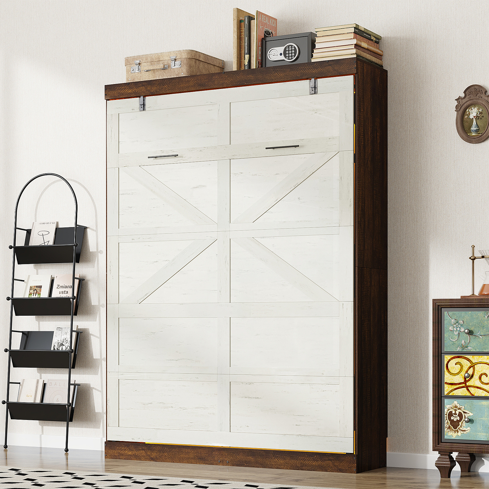 ChVans Full Size Murphy Wall Bed with 2 LED Lights, Farmhouse Wood Space-Saving Hidden Folding Bed Chest, Multifunctional Storage Cabinet Bed with Gas Struts for Bedroom, Guest Room, Office