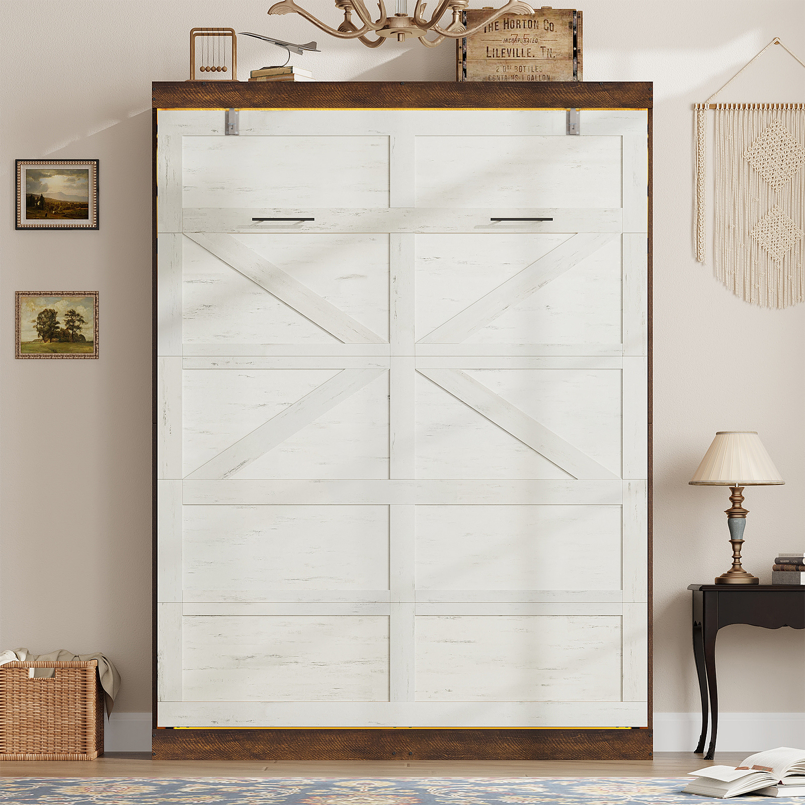 ChVans Full Size Murphy Wall Bed with 2 LED Lights, Farmhouse Wood Space-Saving Hidden Folding Bed Chest, Multifunctional Storage Cabinet Bed with Gas Struts for Bedroom, Guest Room, Office