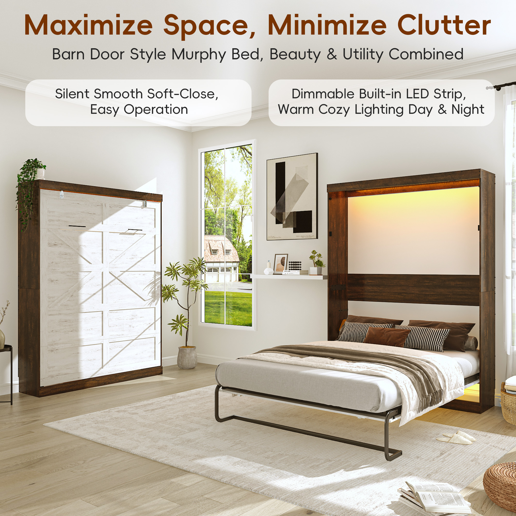 ChVans Full Size Murphy Wall Bed with 2 LED Lights, Farmhouse Wood Space-Saving Hidden Folding Bed Chest, Multifunctional Storage Cabinet Bed with Gas Struts for Bedroom, Guest Room, Office