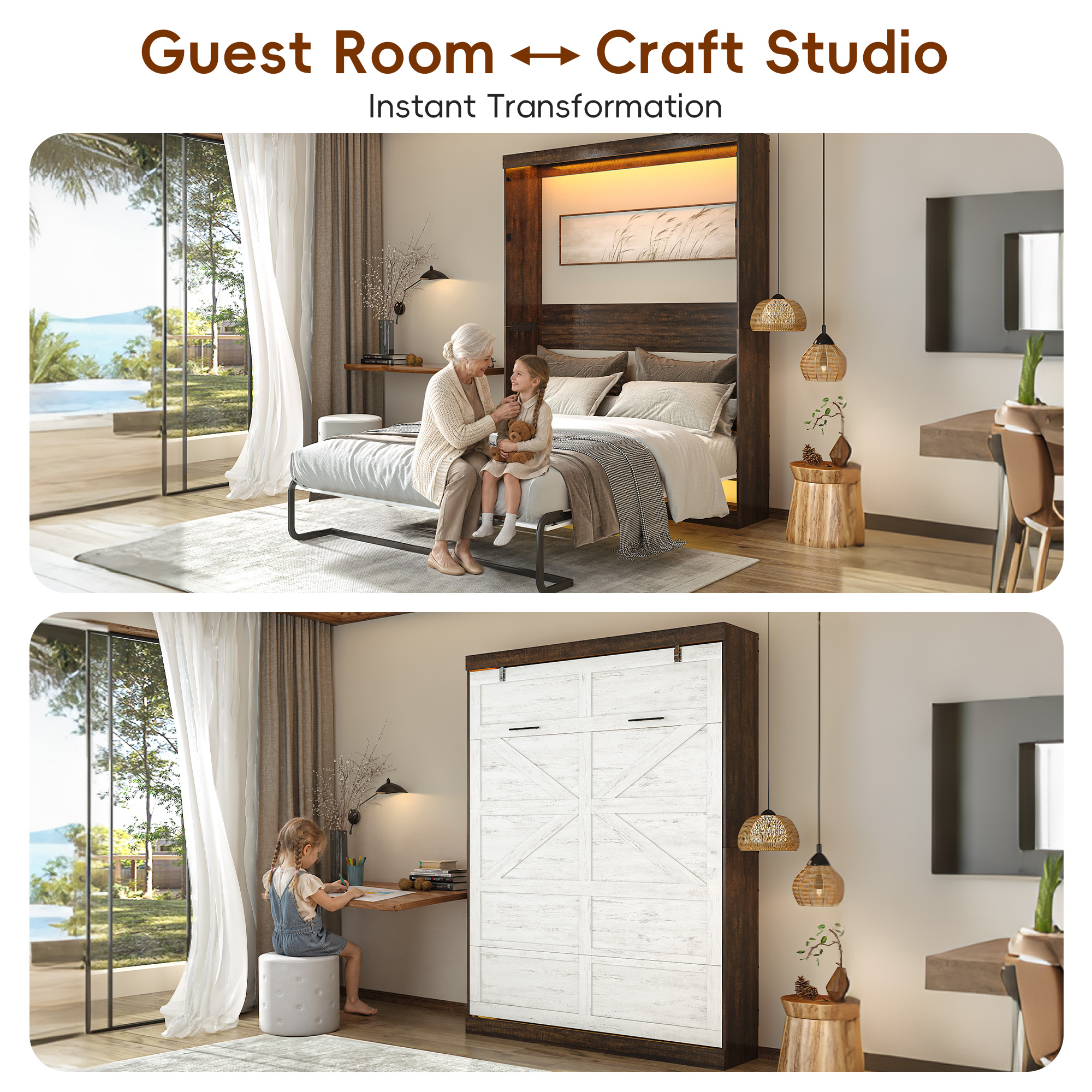 ChVans Full Size Murphy Wall Bed with 2 LED Lights, Farmhouse Wood Space-Saving Hidden Folding Bed Chest, Multifunctional Storage Cabinet Bed with Gas Struts for Bedroom, Guest Room, Office