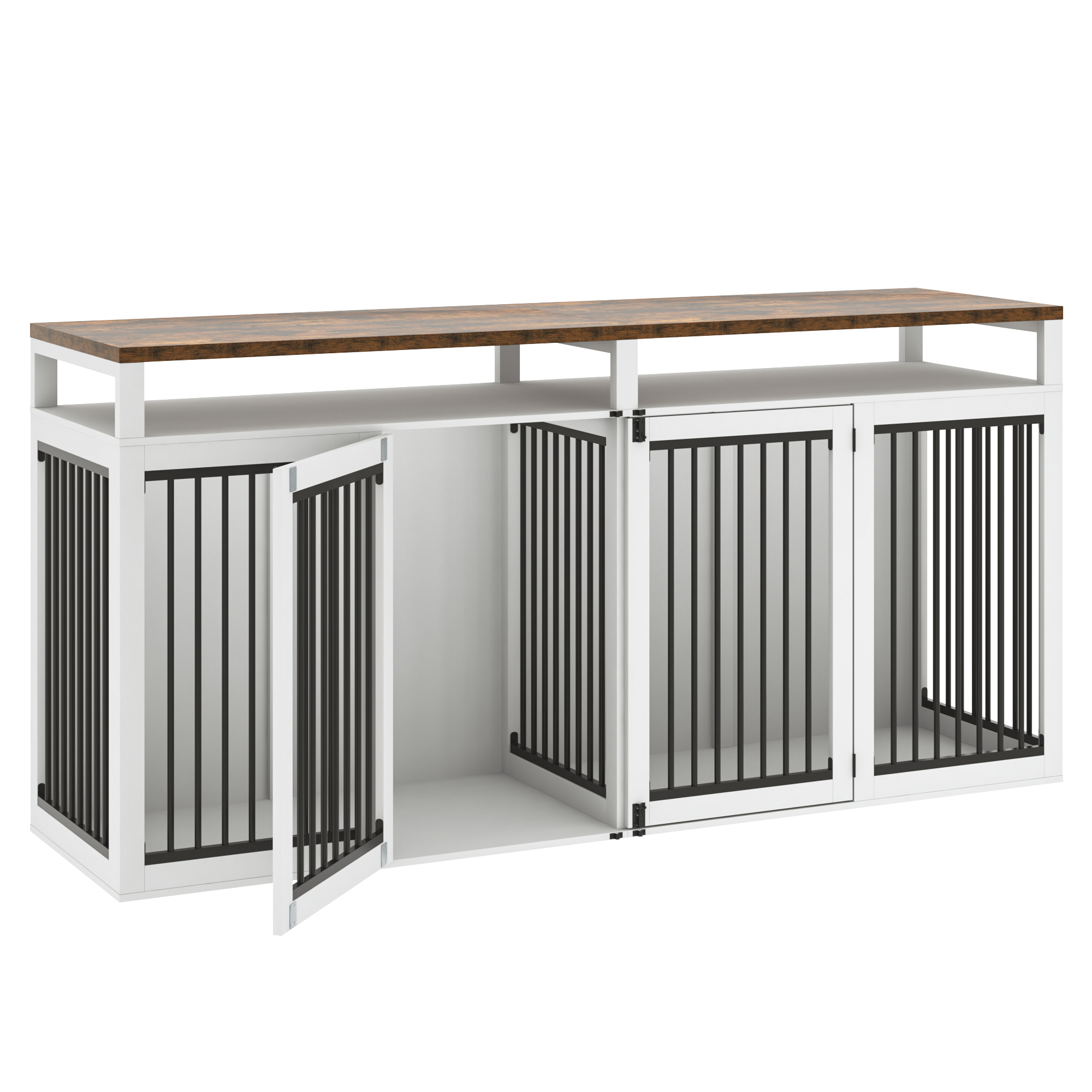 87" Large Farmhouse Dog Crate TV Stand,Wooden Dog Crate Furniture with 4 Lockable Doors/Solid Metal Tube,XL-XXL Heavty Duty Dog Crates Furniture for 2 Medium or Large Dogs,Rustic Brown
