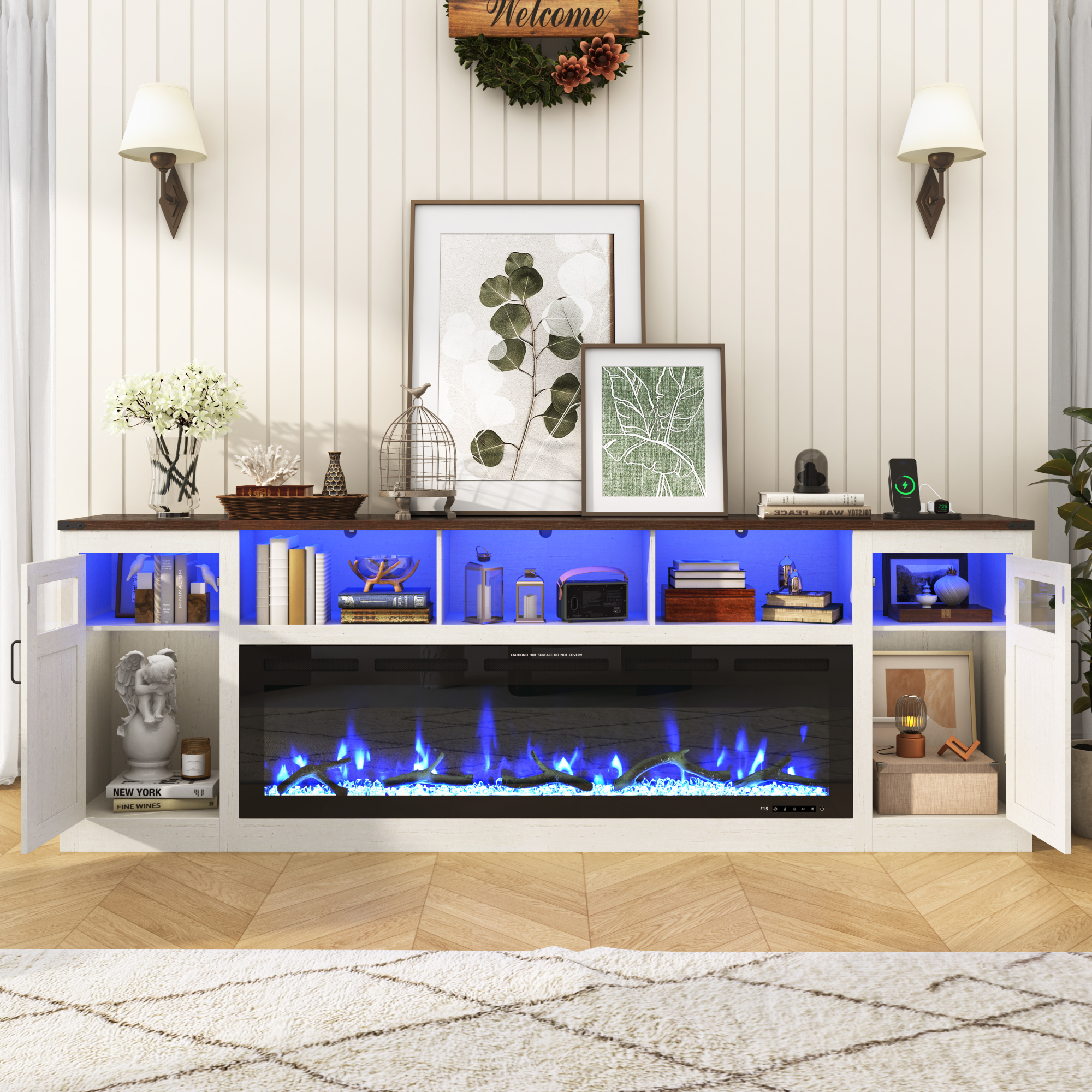 ChVans 95" Farmhouse Fireplace TV Stand for 90/100"TV with 60'' Electric Fireplace, LED Large Entertainment Center with Lights & Power Outlets & 2 Barn Doors Storage Cabinet for Living Room, White