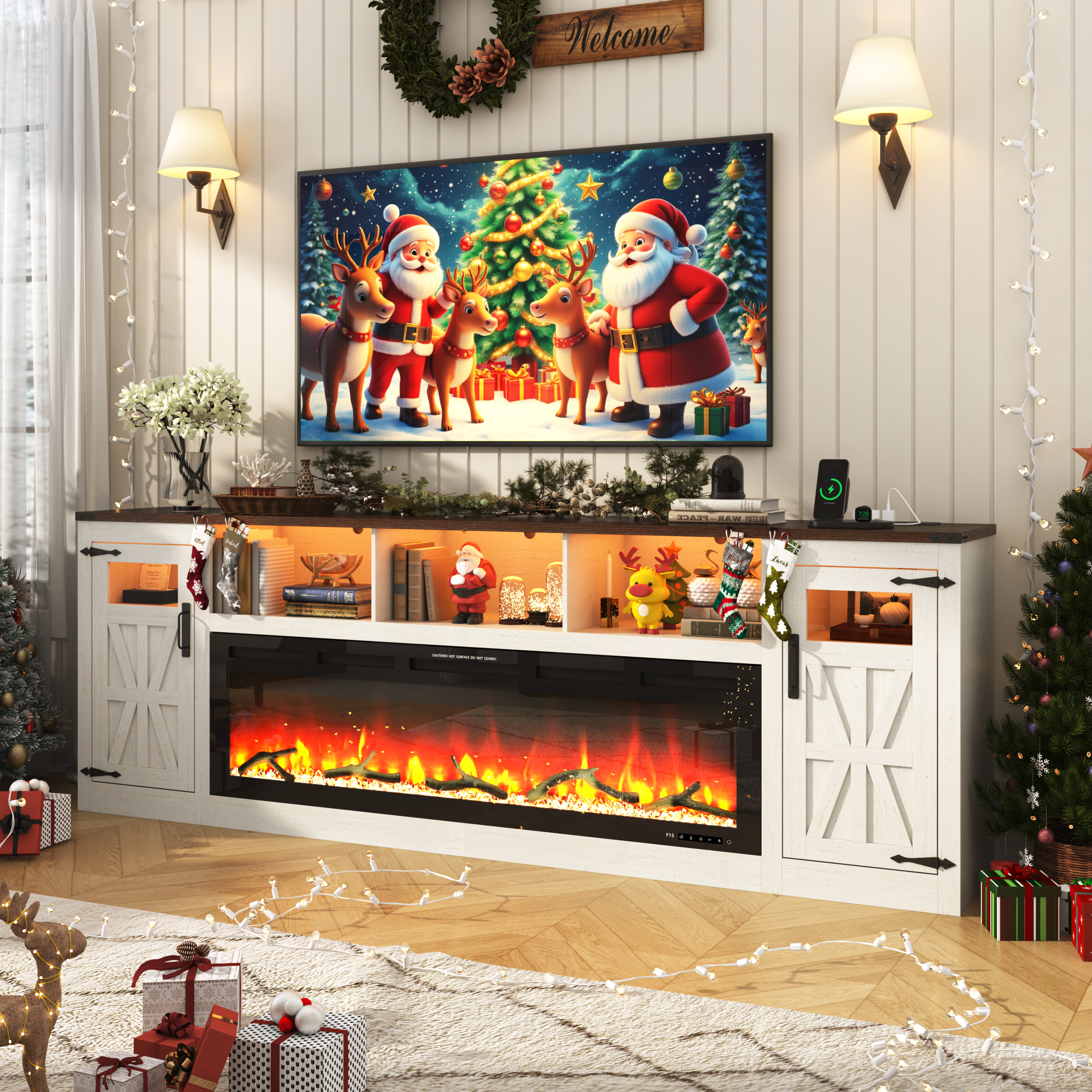 ChVans 95" Farmhouse Fireplace TV Stand for 90/100"TV with 60'' Electric Fireplace, LED Large Entertainment Center with Lights & Power Outlets & 2 Barn Doors Storage Cabinet for Living Room, White