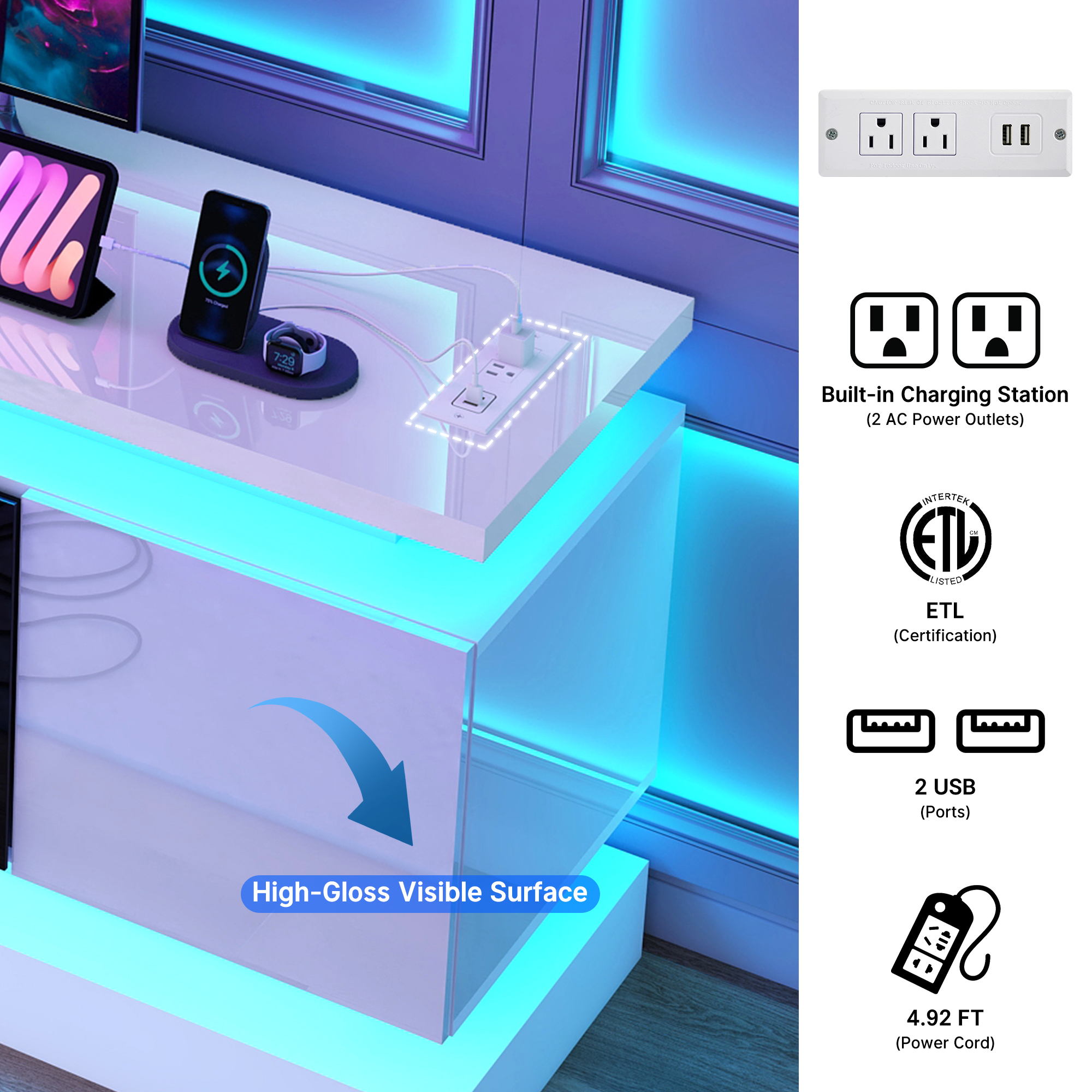 ChVans Fireplace TV Stand for 85" TV, 71" LED TV Stand with 40" Electric Fireplace & Power Outlet, High Gloss Surface, 2 Storage Cabinet, Modern Style