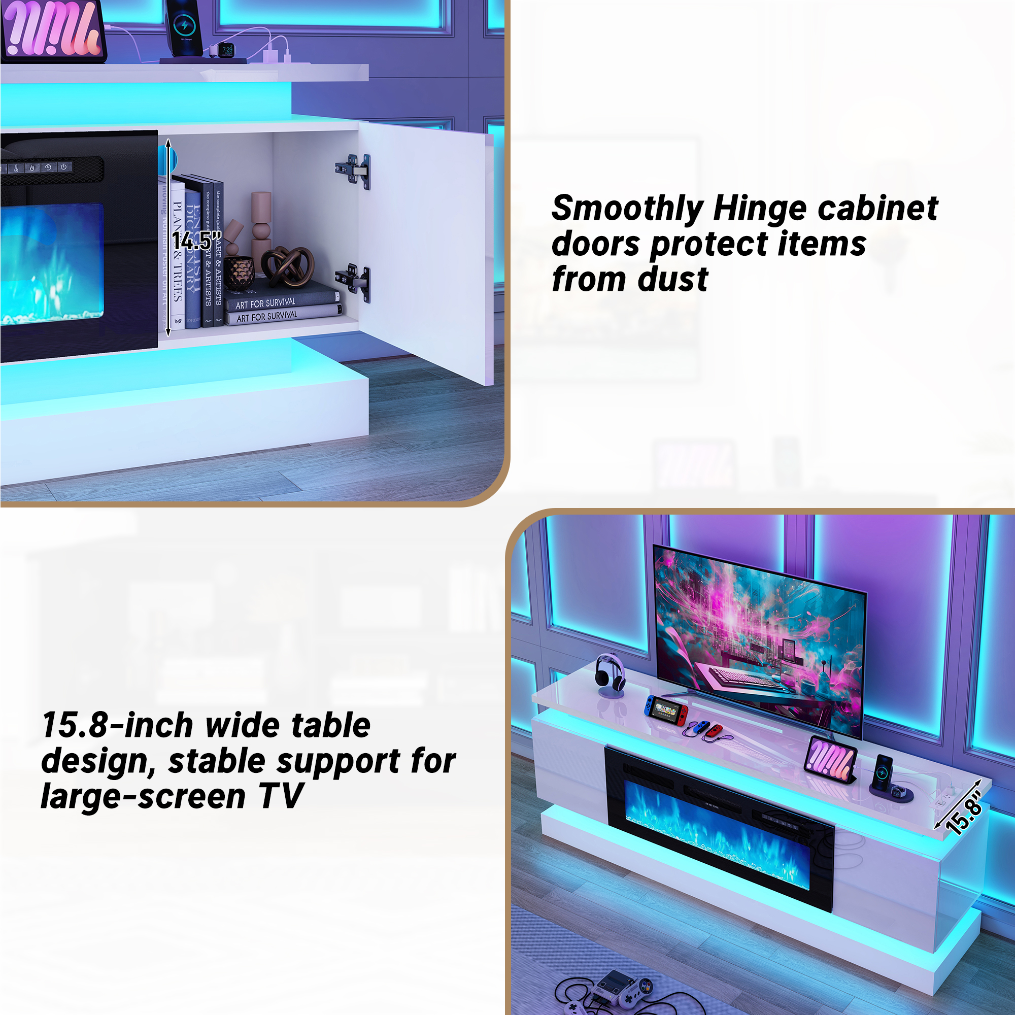 ChVans Fireplace TV Stand for 85" TV, 71" LED TV Stand with 40" Electric Fireplace & Power Outlet, High Gloss Surface, 2 Storage Cabinet, Modern Style