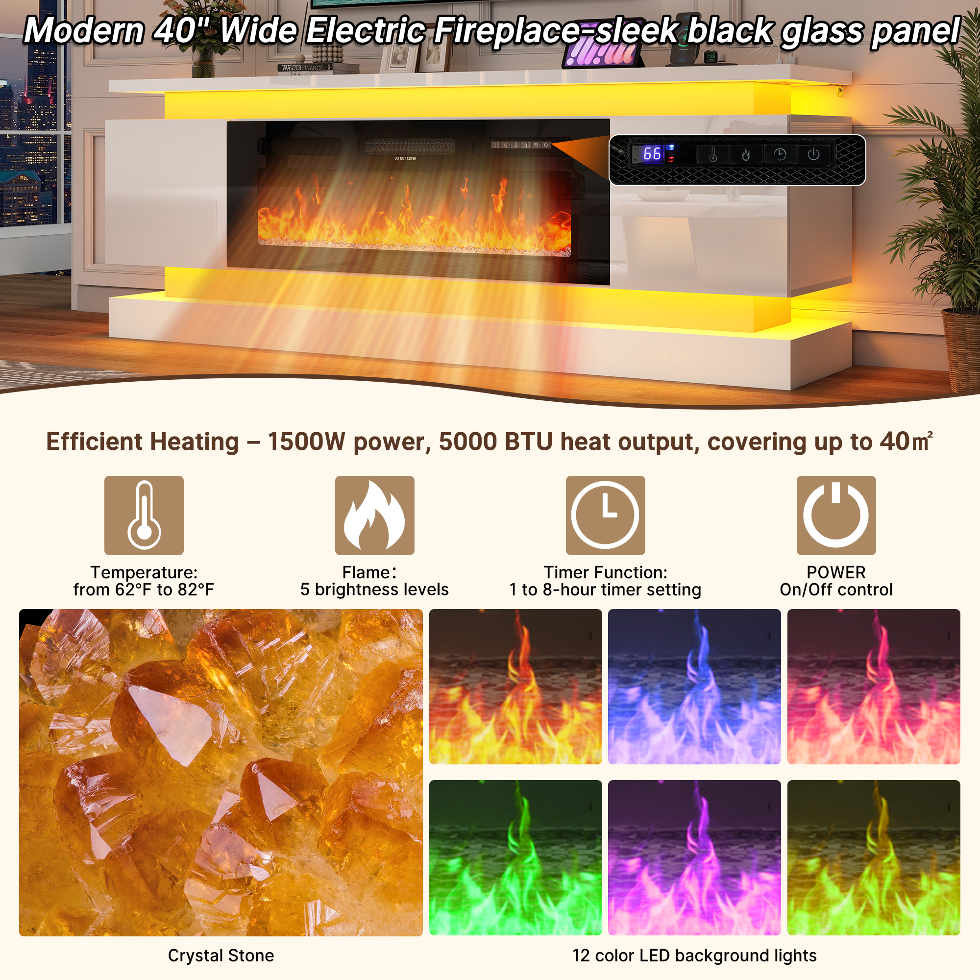 ChVans Fireplace TV Stand for 85" TV, 71" LED TV Stand with 40" Electric Fireplace & Power Outlet, High Gloss Surface, 2 Storage Cabinet, Modern Style