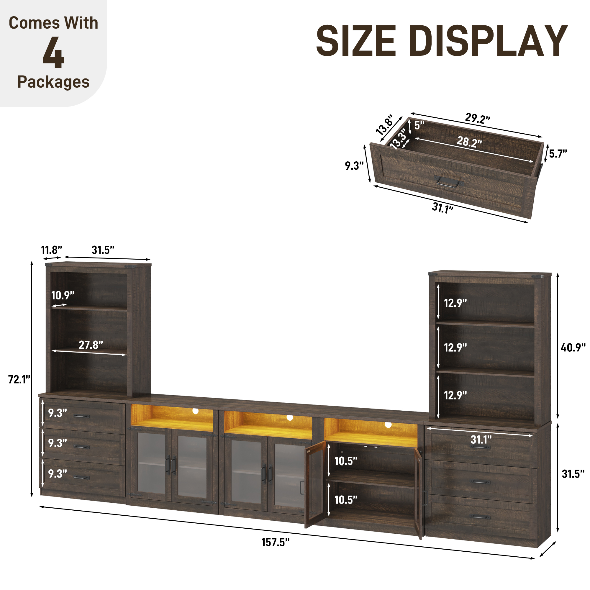 157.5" Entertainment Center with Bookshelves for TVs up to 100", Farmhouse Wall Unit TV Stand with 6 Doors & 6 Drawer & LED Lights, Media Console Table for Living Room, Bedroom & Home Theater, White