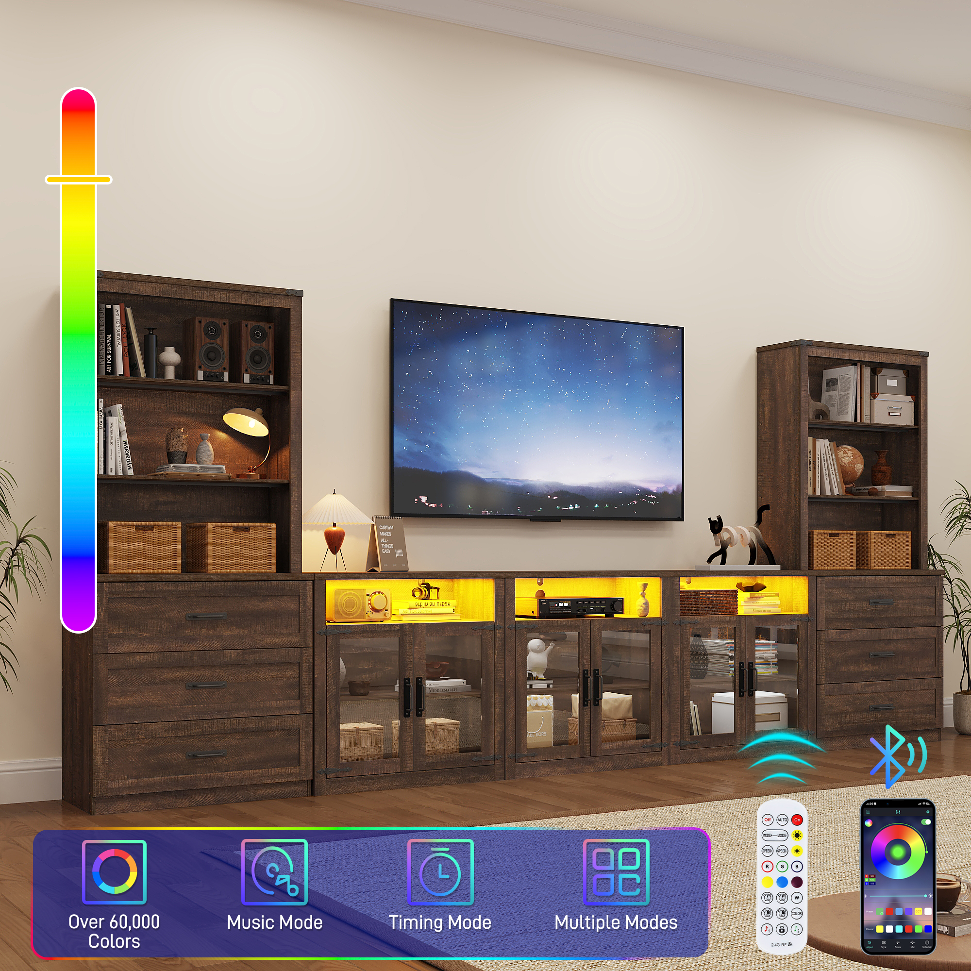 157.5" Entertainment Center with Bookshelves for TVs up to 100", Farmhouse Wall Unit TV Stand with 6 Doors & 6 Drawer & LED Lights, Media Console Table for Living Room, Bedroom & Home Theater, White