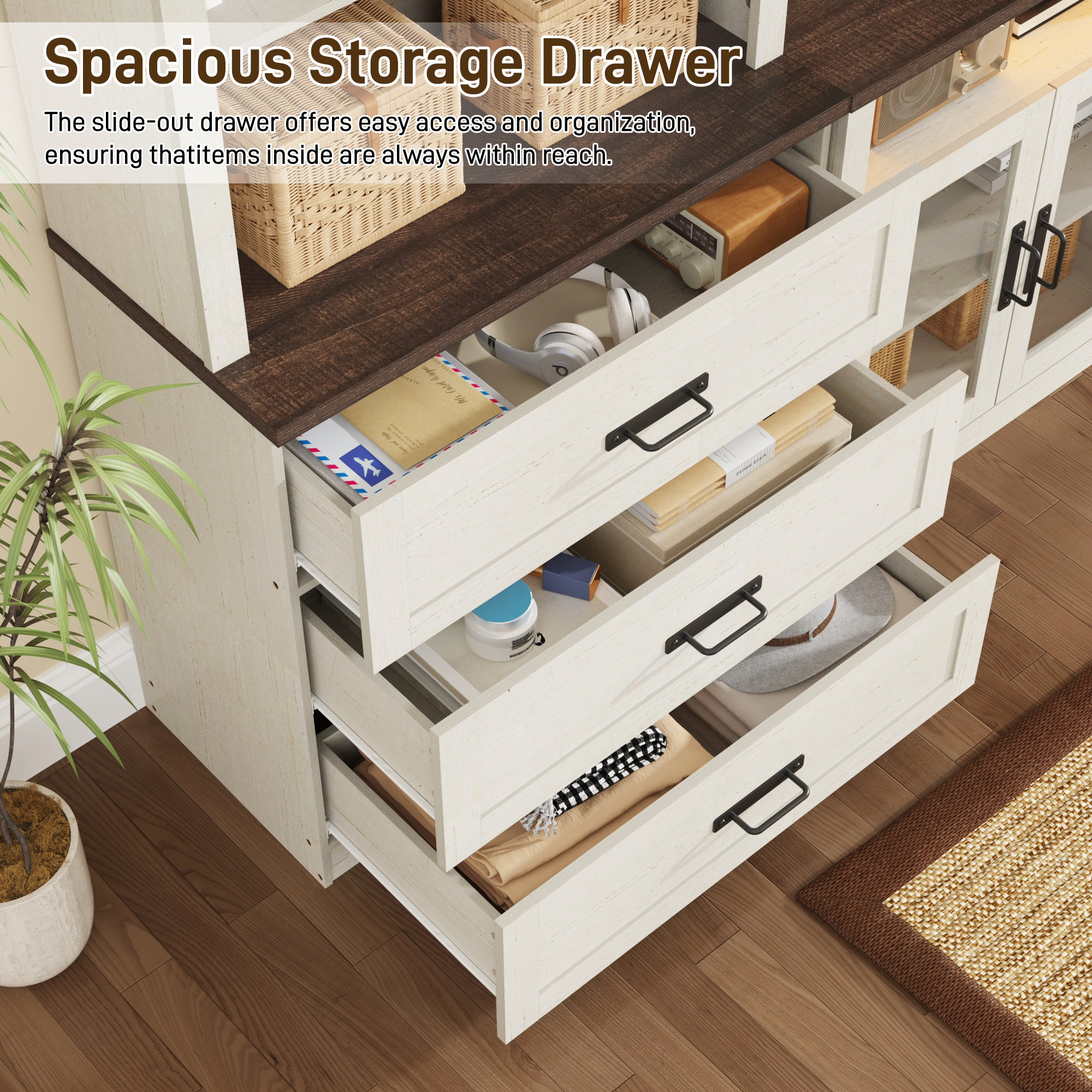 157.5" Entertainment Center with Bookshelves for TVs up to 100", Farmhouse Wall Unit TV Stand with 6 Doors & 6 Drawer & LED Lights, Media Console Table for Living Room, Bedroom & Home Theater, White