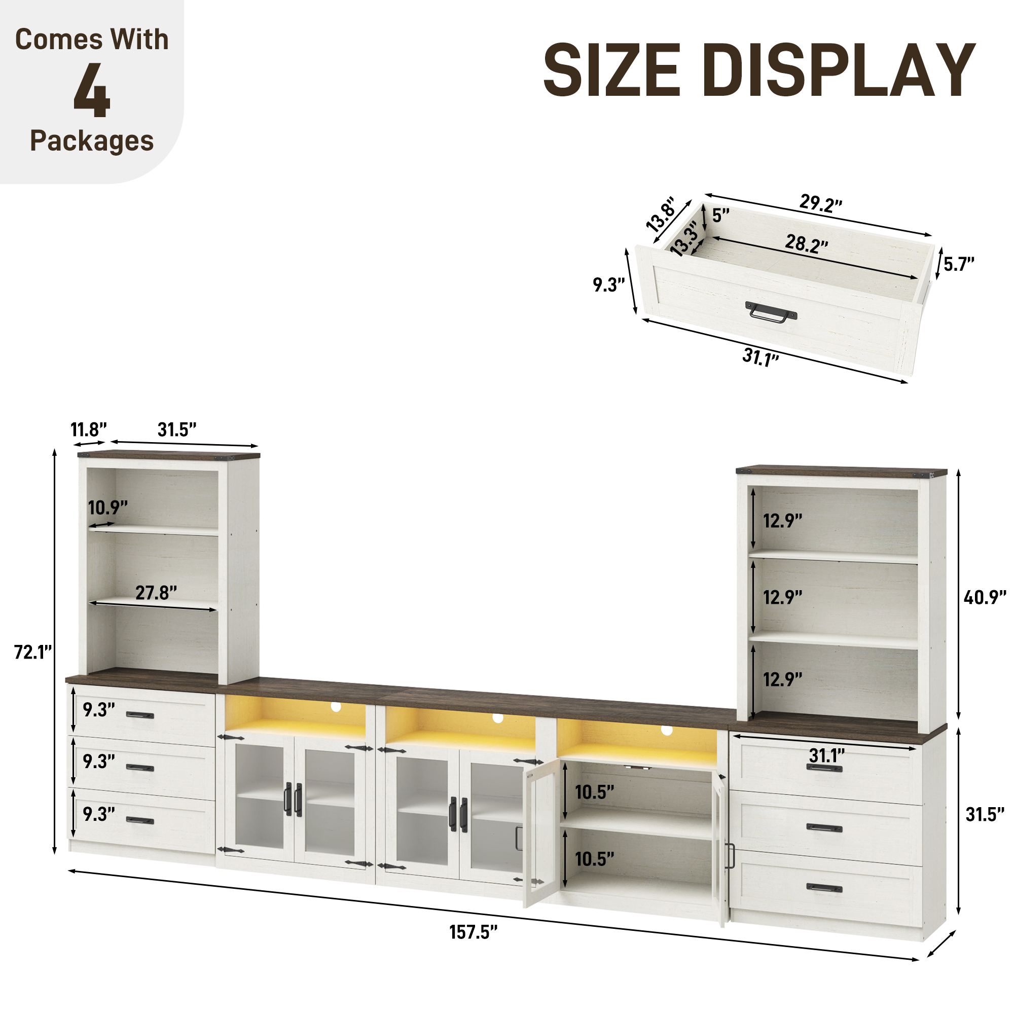 157.5" Entertainment Center with Bookshelves for TVs up to 100", Farmhouse Wall Unit TV Stand with 6 Doors & 6 Drawer & LED Lights, Media Console Table for Living Room, Bedroom & Home Theater, White