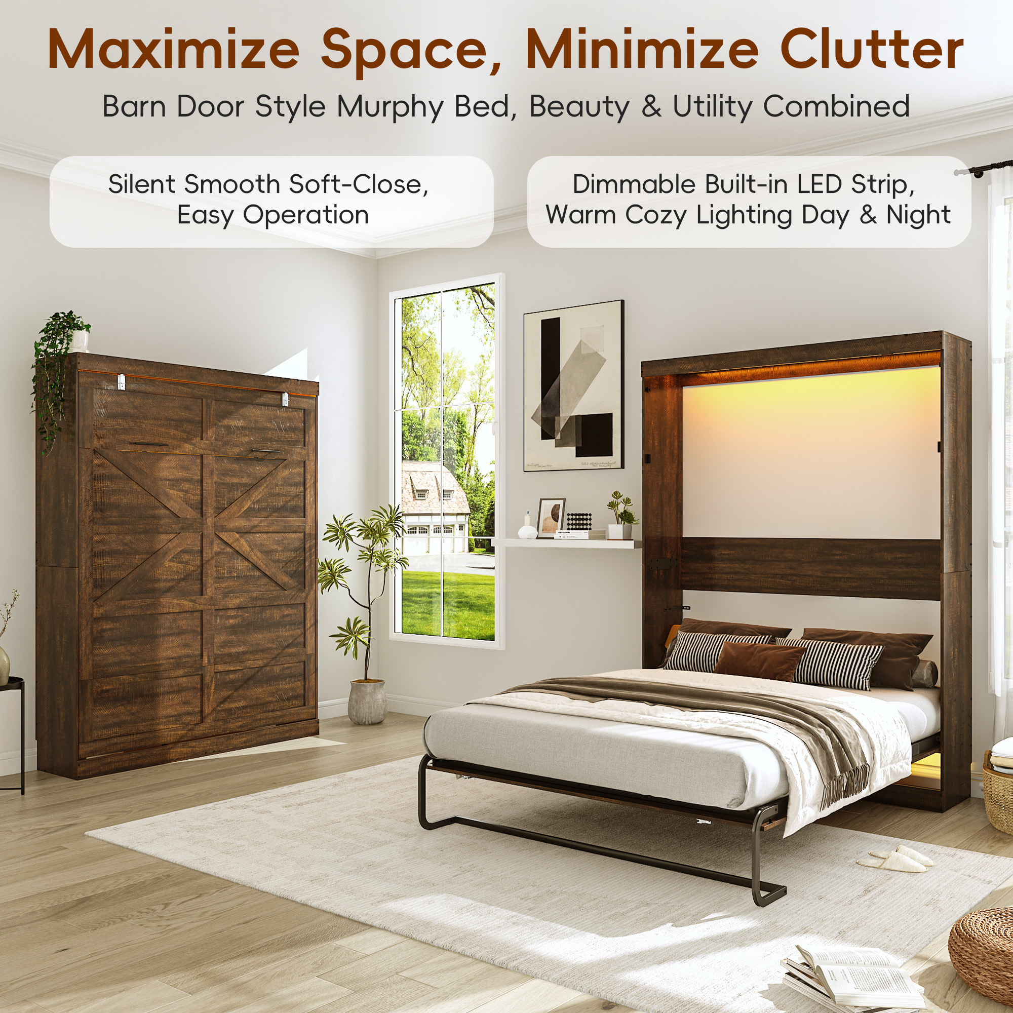 ChVans Full Size Murphy Wall Bed with 2 LED Lights, Farmhouse Wood Space-Saving Hidden Folding Bed Chest, Multifunctional Storage Cabinet Bed with Gas Struts for Bedroom, Guest Room, Office