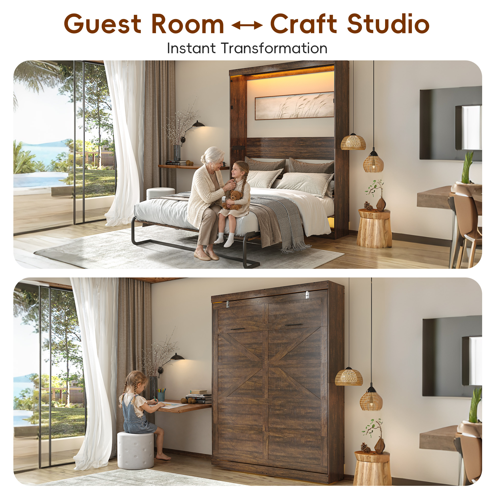 ChVans Full Size Murphy Wall Bed with 2 LED Lights, Farmhouse Wood Space-Saving Hidden Folding Bed Chest, Multifunctional Storage Cabinet Bed with Gas Struts for Bedroom, Guest Room, Office