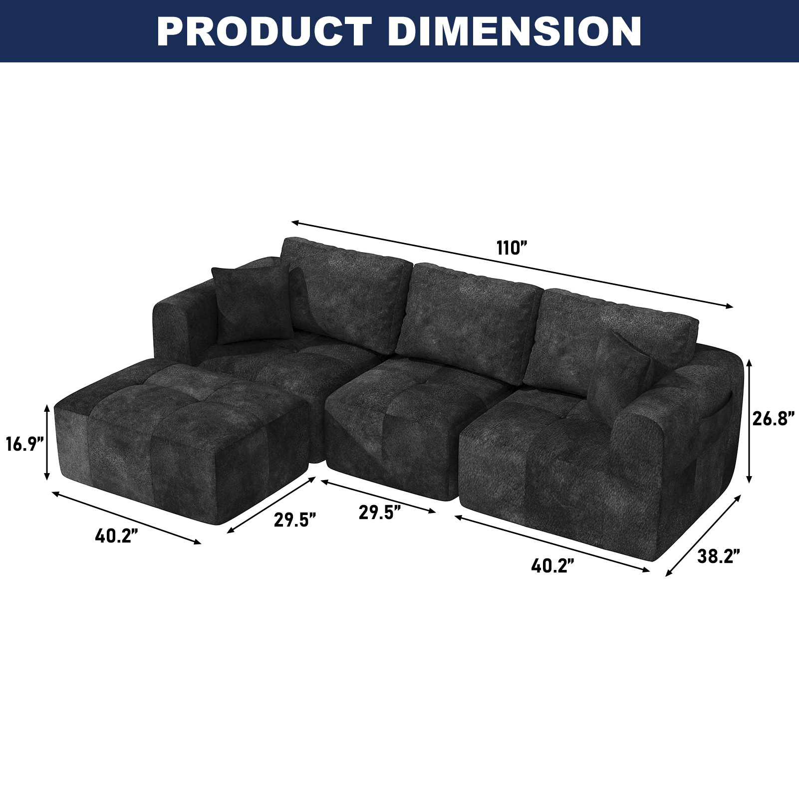ChVans 110" L-Shaped Sectional Sofa with Convertible Left/Right Ottoman, Boneless Sofa with Oversized Chaise & Layered Cushion, Upholstered Couches for Living Room Bedroom, No Assembly
