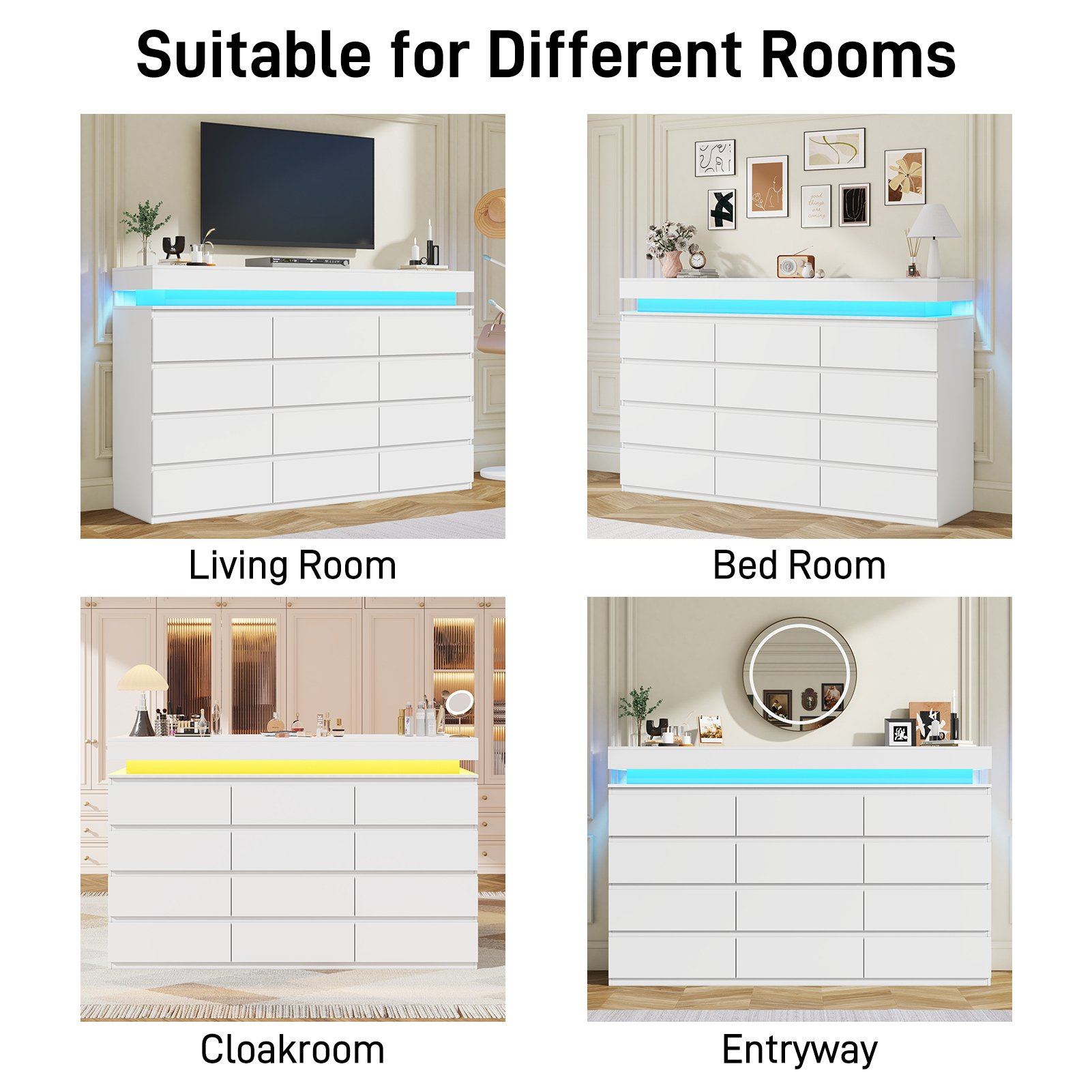 ChVans Black 9 Drawer Dresser with LED Lights, 63" Wide Modern Wood Chest of Drawers with Charging Station & Handle Free, LED Black Dresser for bedroom, Living Room, Entryway, Hallway