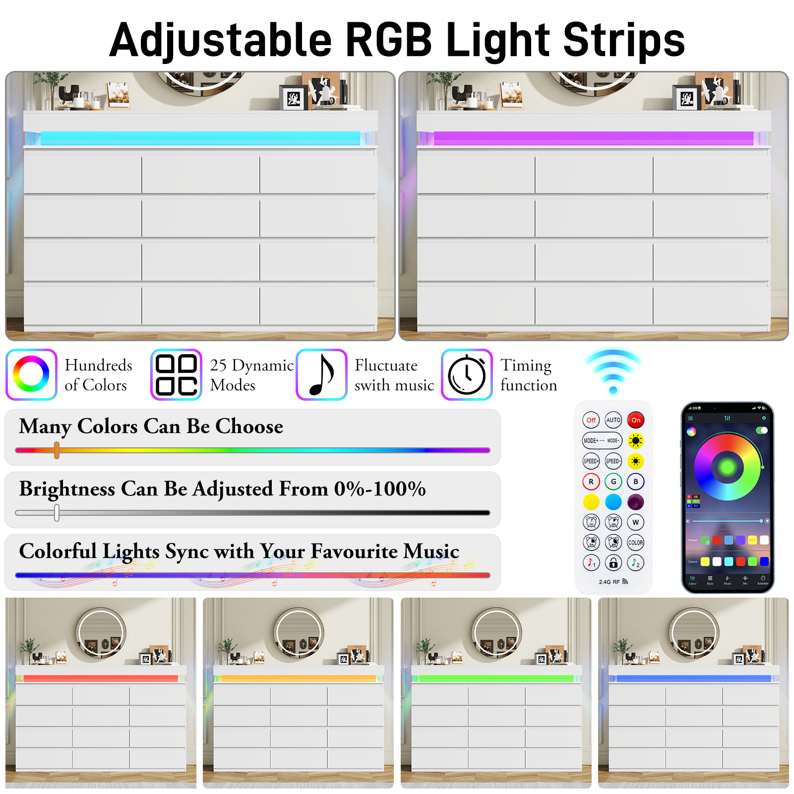 ChVans Black 9 Drawer Dresser with LED Lights, 63" Wide Modern Wood Chest of Drawers with Charging Station & Handle Free, LED Black Dresser for bedroom, Living Room, Entryway, Hallway