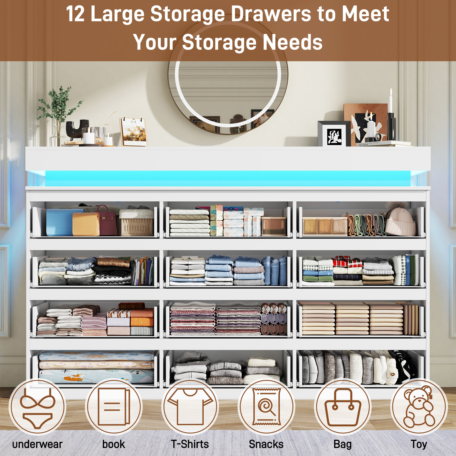 ChVans Black 9 Drawer Dresser with LED Lights, 63" Wide Modern Wood Chest of Drawers with Charging Station & Handle Free, LED Black Dresser for bedroom, Living Room, Entryway, Hallway