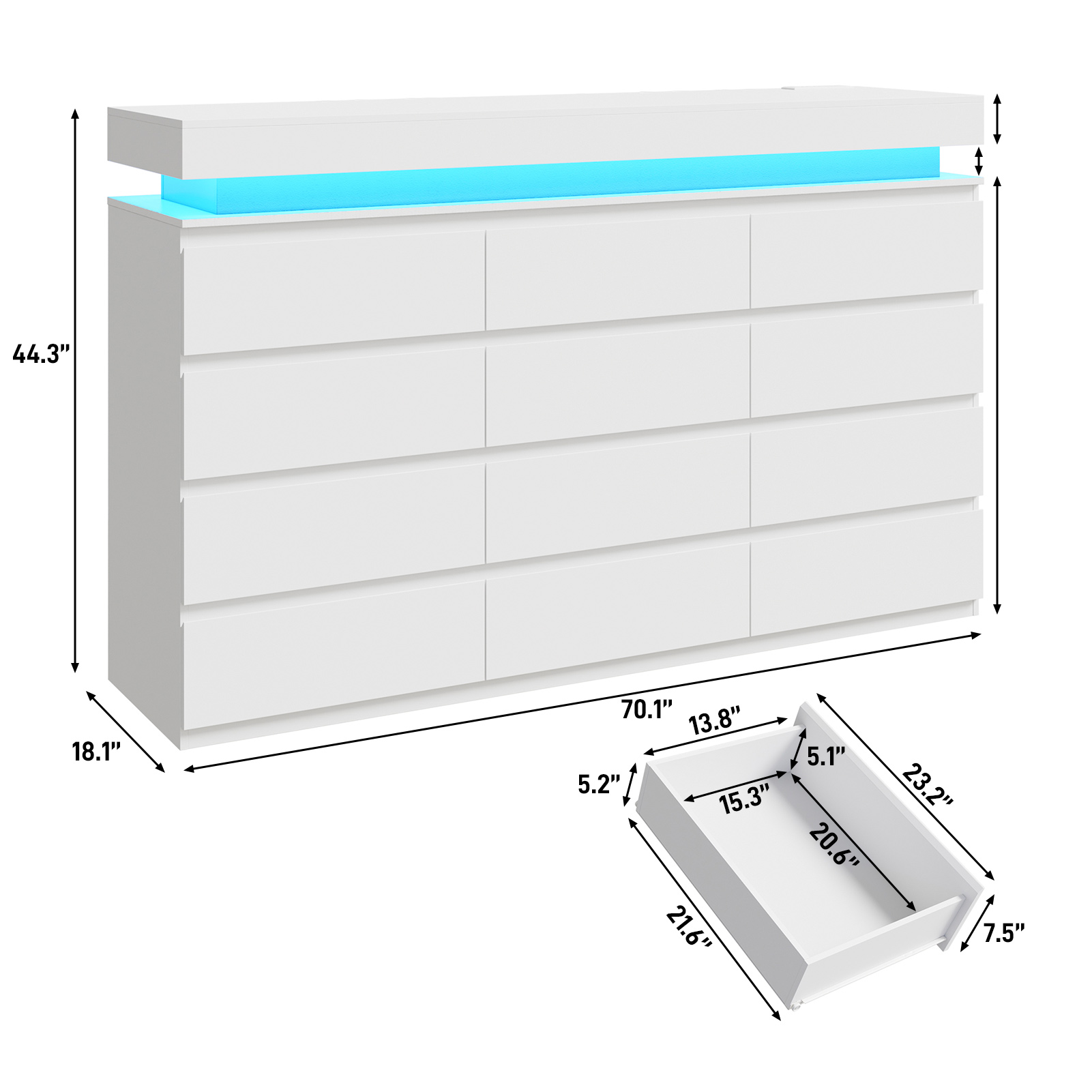 ChVans Black 9 Drawer Dresser with LED Lights, 63" Wide Modern Wood Chest of Drawers with Charging Station & Handle Free, LED Black Dresser for bedroom, Living Room, Entryway, Hallway