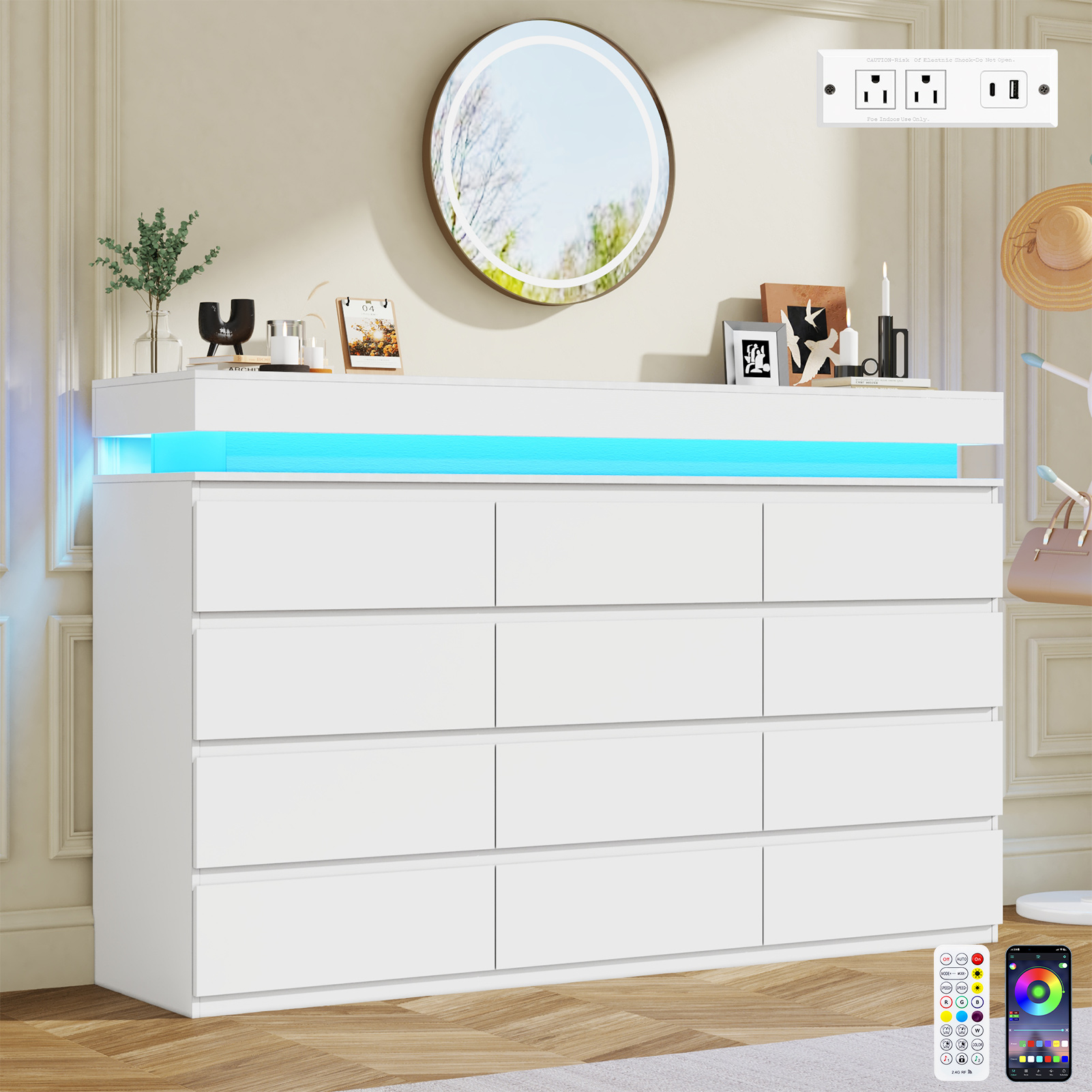 ChVans Black 9 Drawer Dresser with LED Lights, 63" Wide Modern Wood Chest of Drawers with Charging Station & Handle Free, LED Black Dresser for bedroom, Living Room, Entryway, Hallway