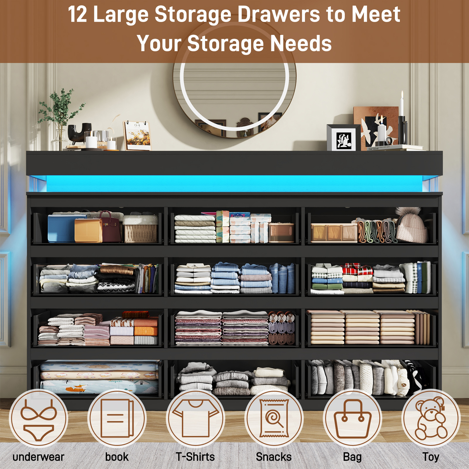 ChVans Black 9 Drawer Dresser with LED Lights, 63" Wide Modern Wood Chest of Drawers with Charging Station & Handle Free, LED Black Dresser for bedroom, Living Room, Entryway, Hallway