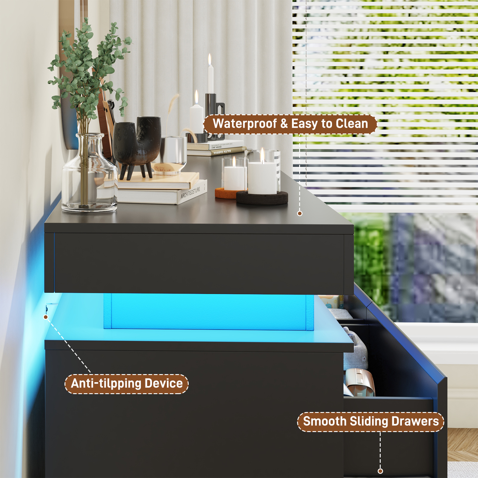 ChVans Black 9 Drawer Dresser with LED Lights, 63" Wide Modern Wood Chest of Drawers with Charging Station & Handle Free, LED Black Dresser for bedroom, Living Room, Entryway, Hallway