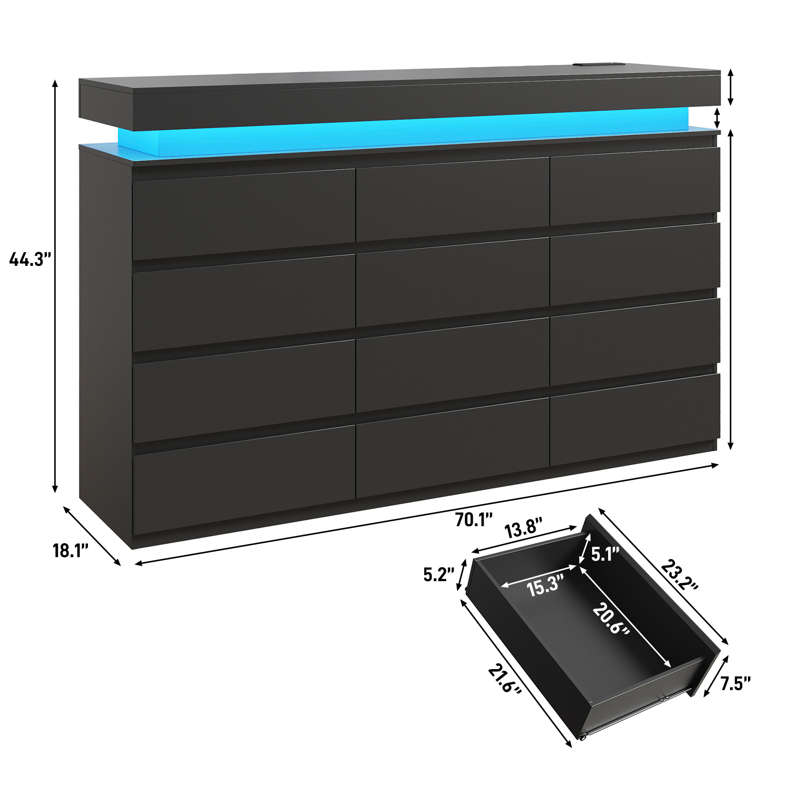 ChVans Black 9 Drawer Dresser with LED Lights, 63" Wide Modern Wood Chest of Drawers with Charging Station & Handle Free, LED Black Dresser for bedroom, Living Room, Entryway, Hallway